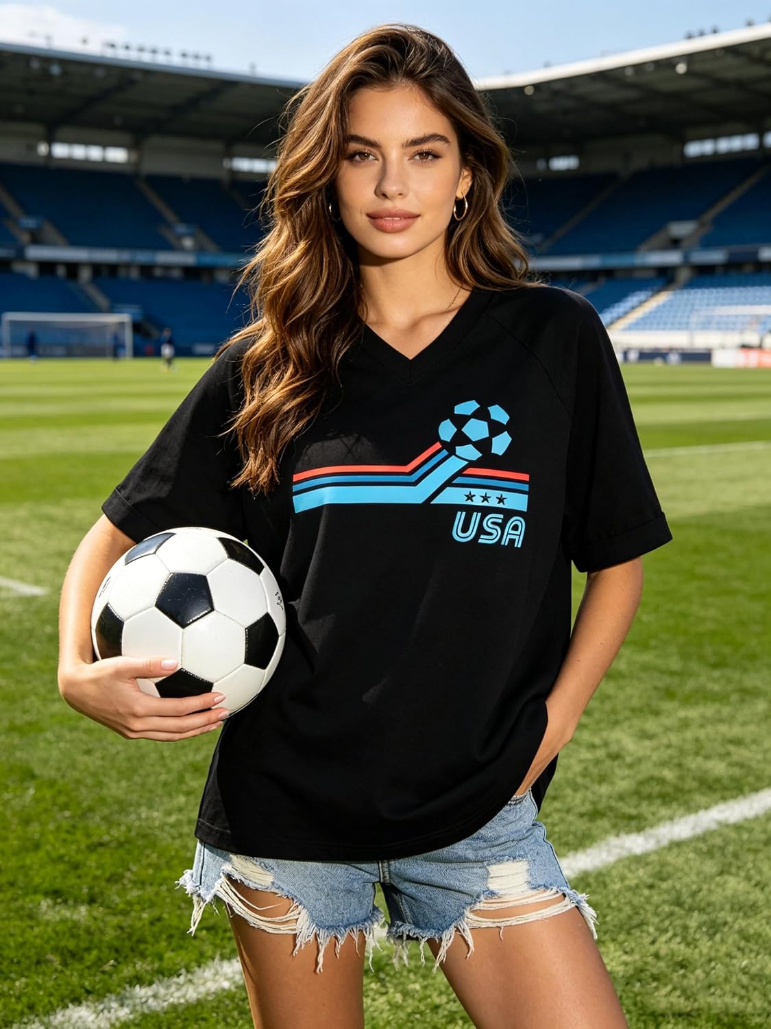 HEBBE USA Soccer Jersey Women Oversized USA Soccer Shirt V-Neck Sport Shirt image 4