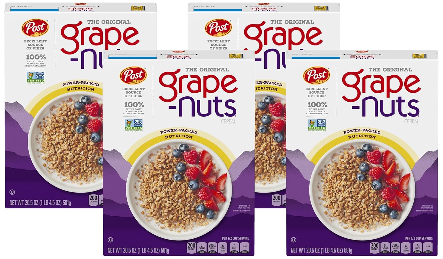 Post Grape Nuts Original Breakfast Cereal, Crunchy Whole Grain Wheat and Barley Cereal, Non-GMO Project Verified, 20.5 OZ Box (Pack of 4)