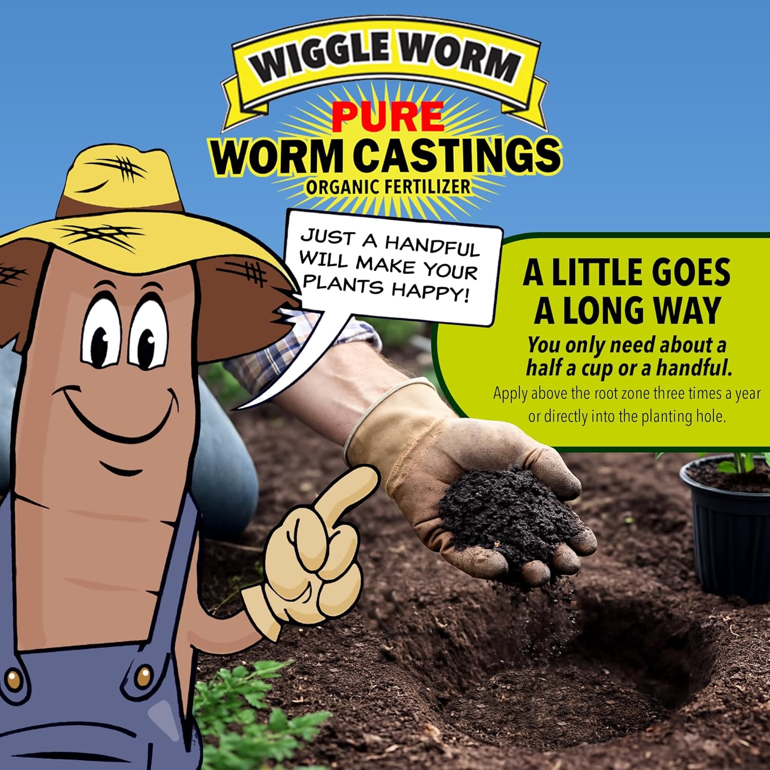 Wiggle Worm 100% Pure Organic Mineral-Dense Worm Castings Fertilizer, 15lbs - Improves Soil Fertility and Aeration for Growing Better Houseplants, Vegetables, and More