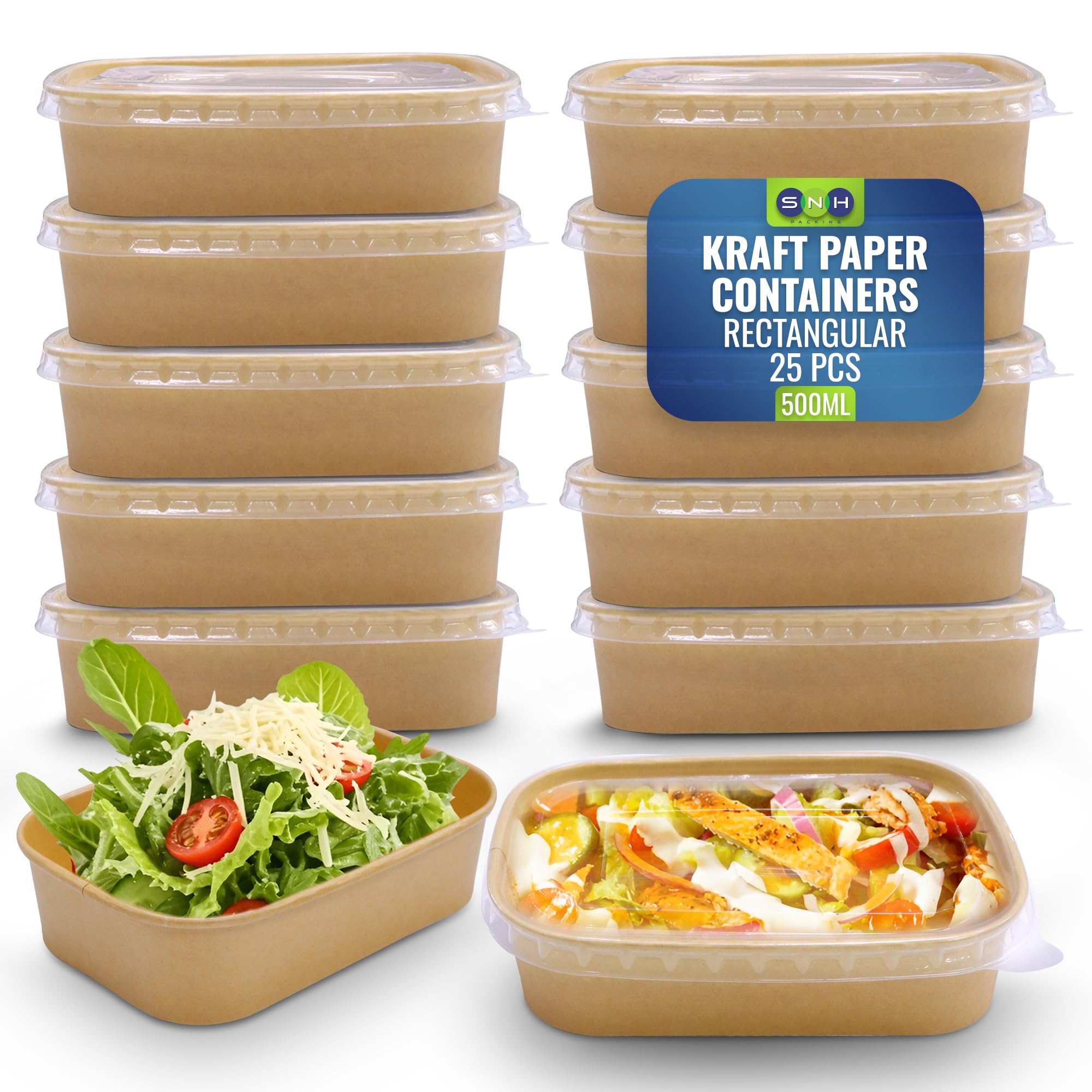 Disposable 25-Pack Kraft Paper Containers 500 ml with Lid, Rectangular Disposable Bowls, Sturdy Food Salad Containers, Eco-Friendly Takeaway Lunch Boxes, Microwave Safe, Heavy Duty Meal Prep Box Brown (Pack 25) 500 ml