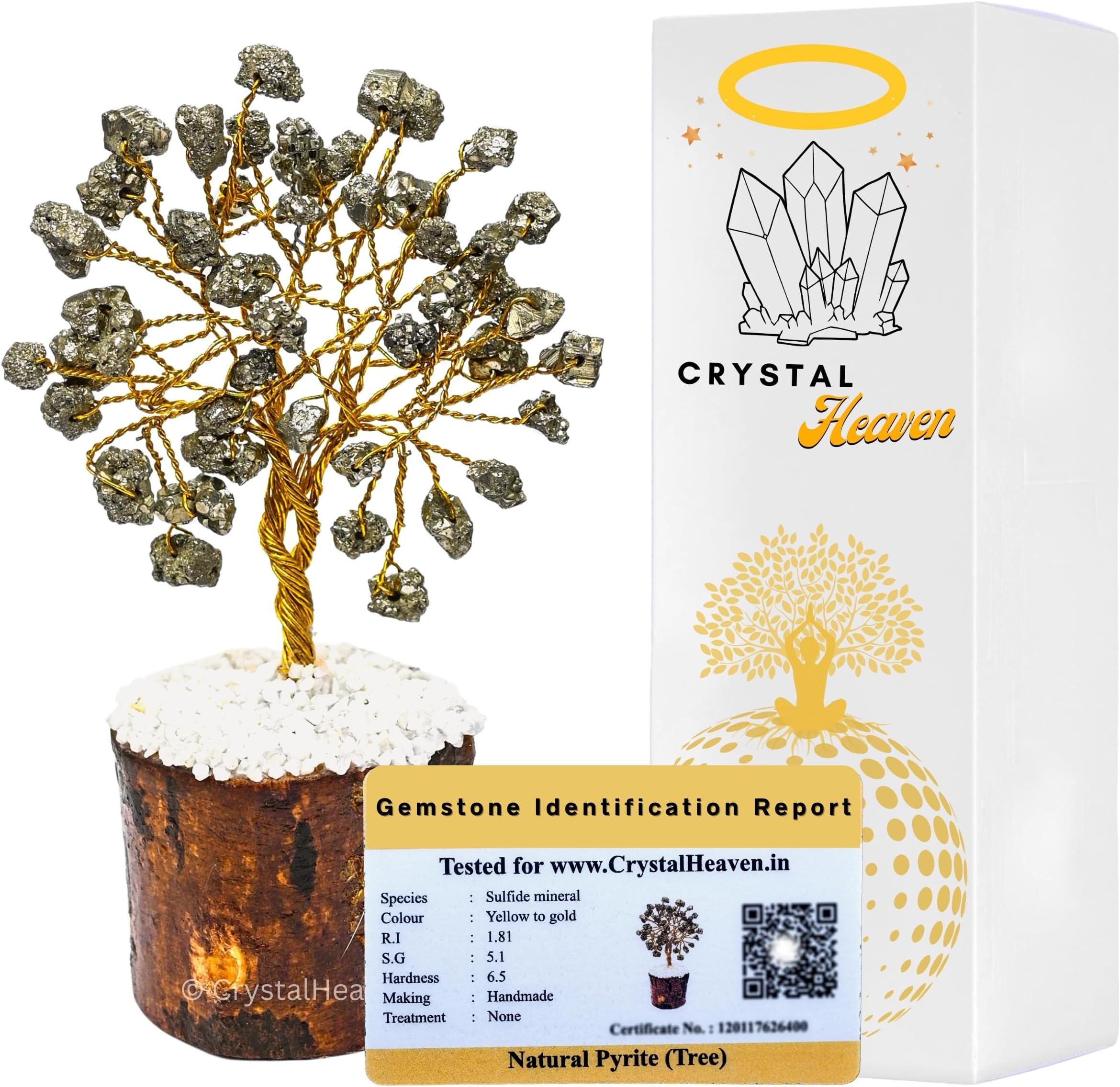 Crystal Heaven Pyrite Stone Tree - Original Raw Pyrite Crystal Tree For Home Decor, Money, Wealth, Abundance And Success (Golden Wire), 5 Inch, 15.2 Cm