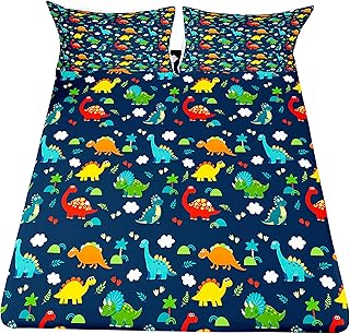 Dinosaur Fitted Sheet Queen Size Kids Bedding Set Cartoon Dinosaur Fitted Sheet For Boys Children Colorful Bedroom Decor Ancient Jungle Animals Bed Cover Tropical Hawaiian Palm Leaf Bed Set Blue