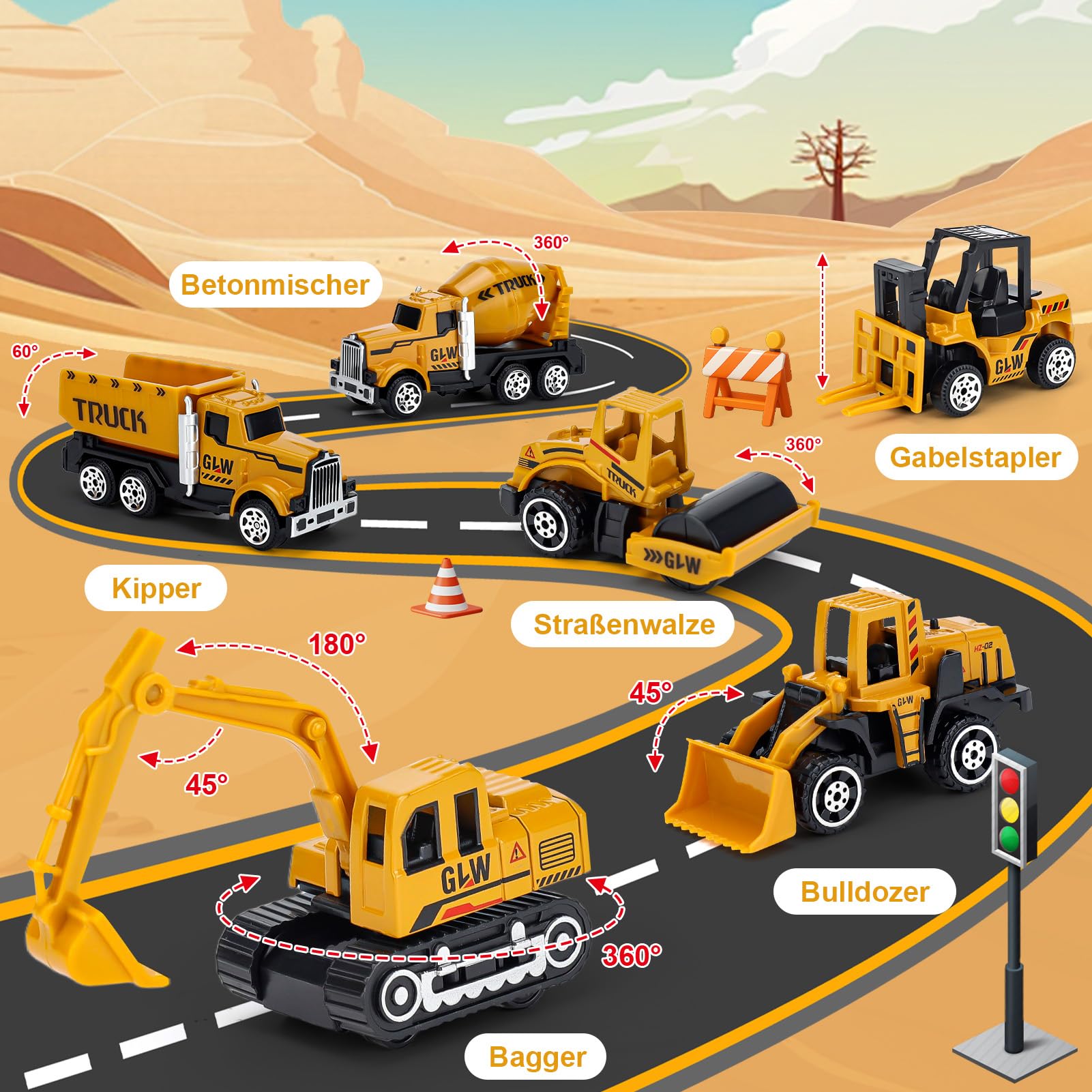 Kinderspielzeug für Jungen ab 3 Jahren: Spielzeug LKW mit Licht & Sound Baufahrzeug-Spielzeugset mit Bagger, Bulldozer, Kipper, Fahrmischer, Straßenwalze, Gabelstapler, Geschenk für Jungen 3-7 Jahre