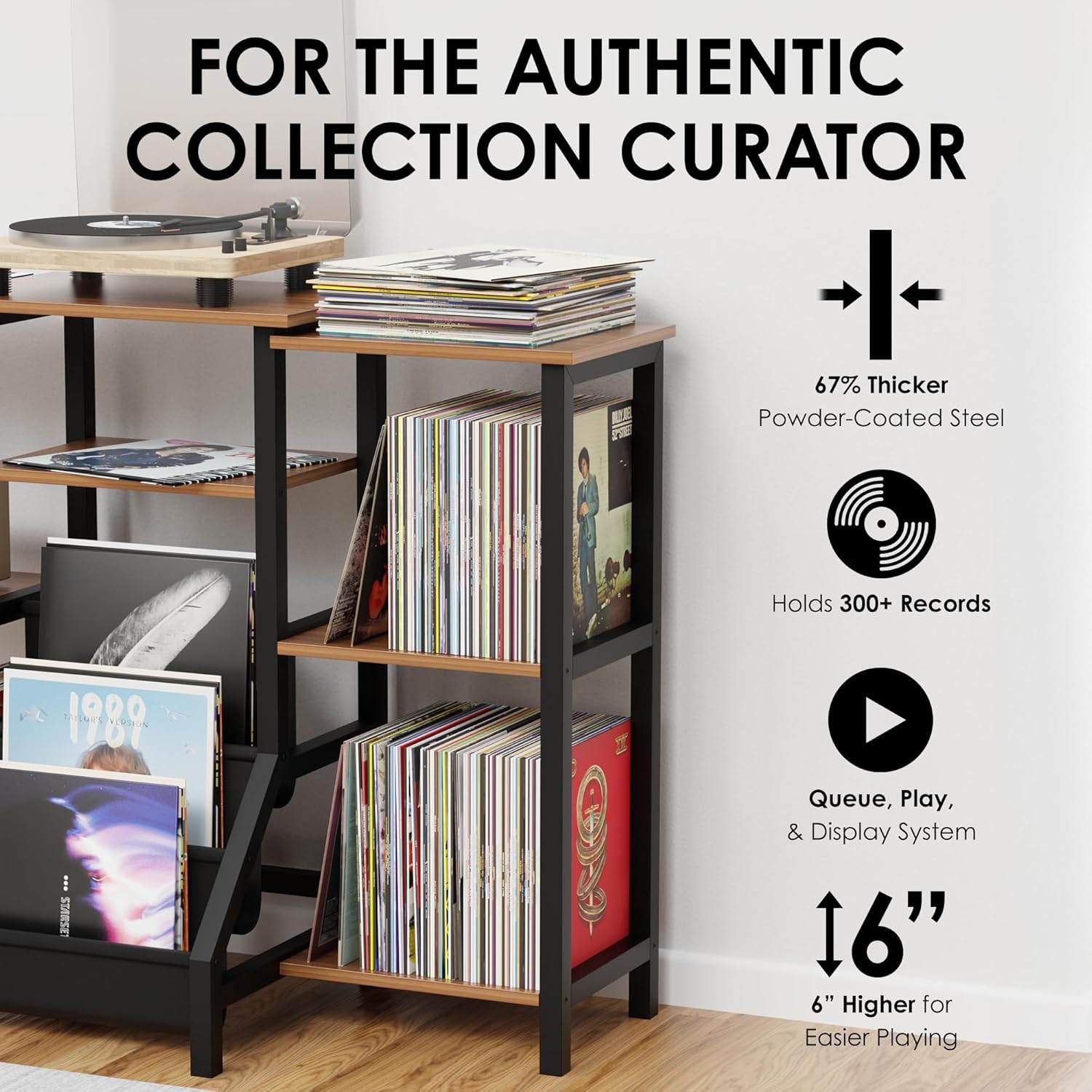 Record Player Stand With Vinyl Storage - Tall 36" Turntable Cabinet With Storage - Mid Century Modern Record Player Table - Vinyl Record Storage Shelf For 300+ Albums