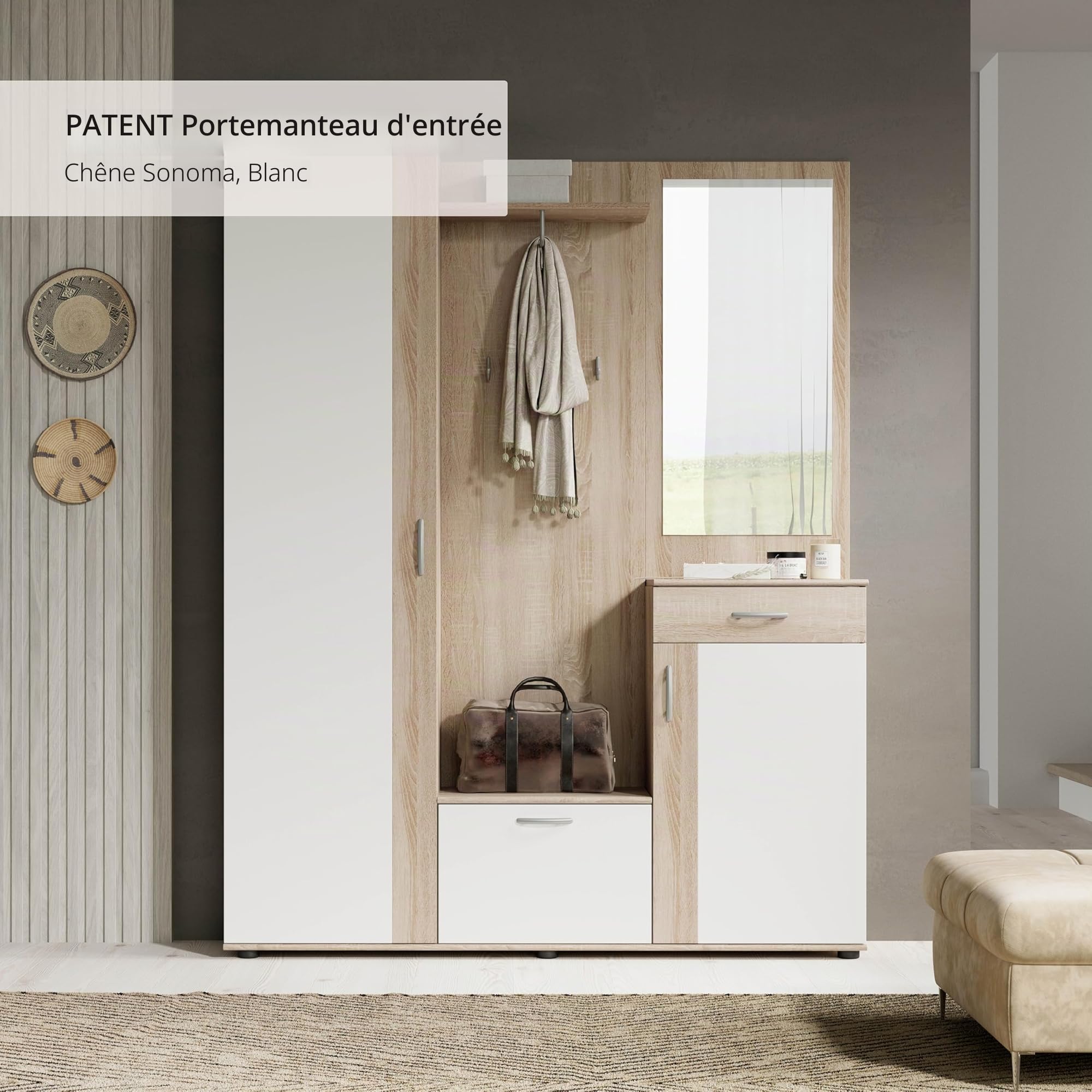 Stella Trading PATENT Ensemble de vestiaires d'entrée en aspect chêne Sonoma, blanc - Vestiaire compact stylé avec miroir pour votre entrée - 145 x 184 x 29 cm (L/H/P), marron