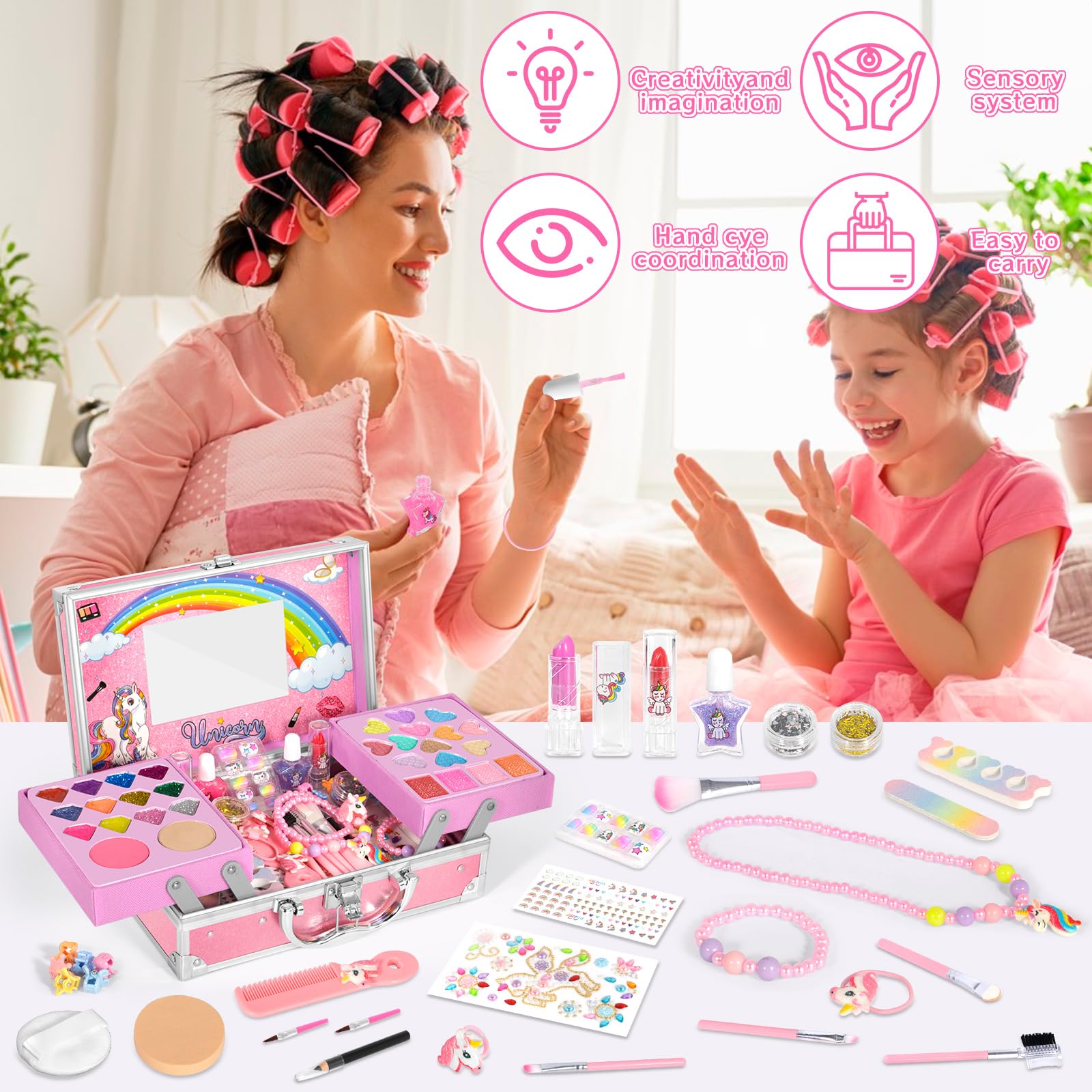 Set Trucchi per Bambine, 65 Pezzi Lavabile, Valigetta Trucchi, Giochi Natale Halloween Compleanno Regalo 5-12 Anni