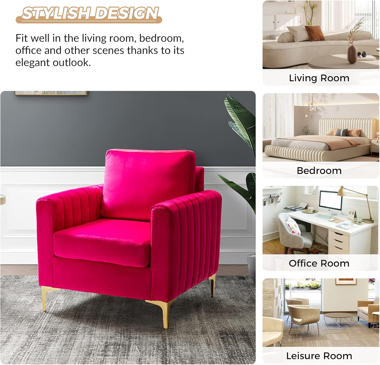 HULALA HOME Velvet Accent Club Chair, Modern Velvet Armchair with Gold Metal Legs Upholstered Barrel Leisure & Reading Armchair, Fuchsia