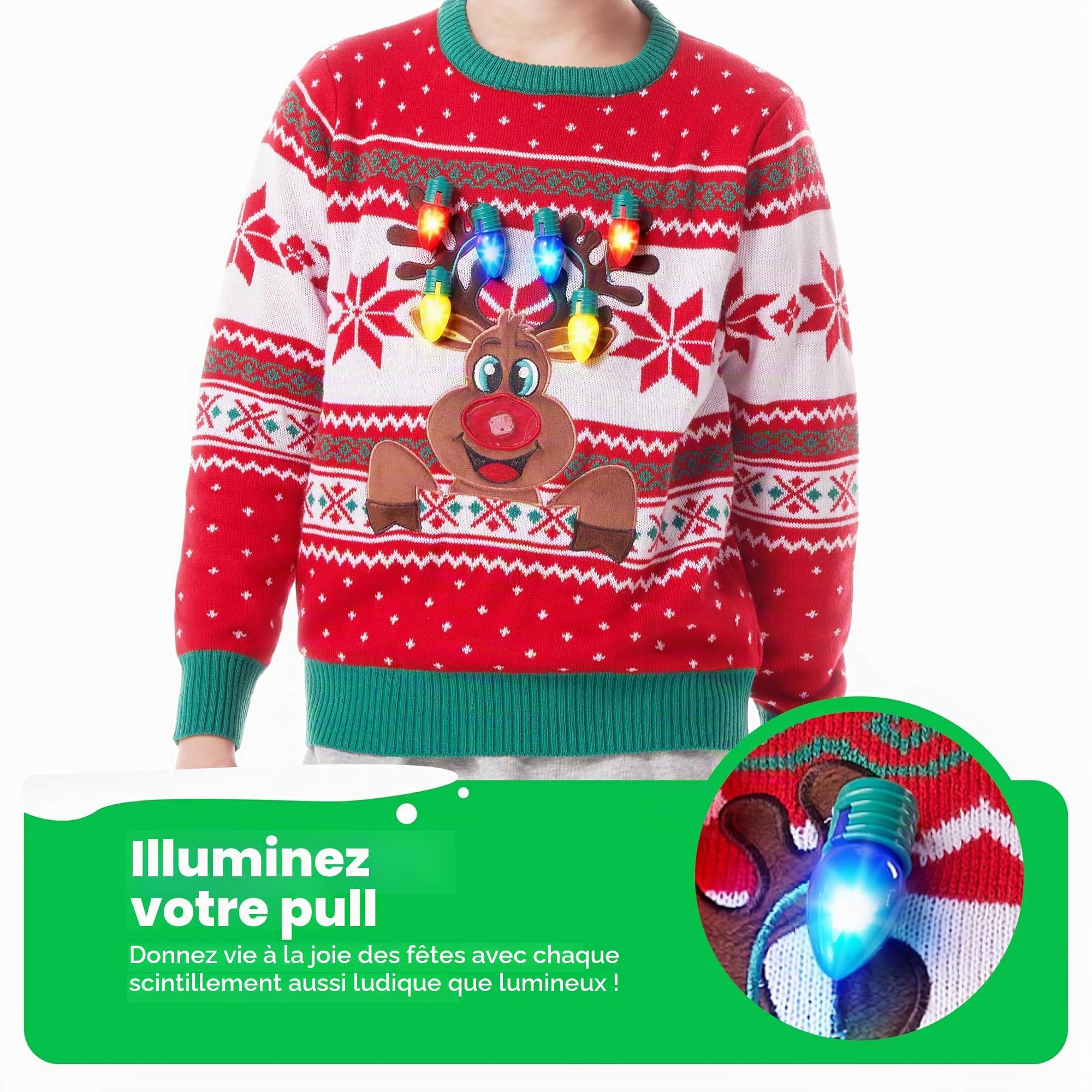 Giggling Getup Pull de Noël moche pour enfants, pull de Noël moche avec éclairage LED, motif renne de Noël moche pour enfants