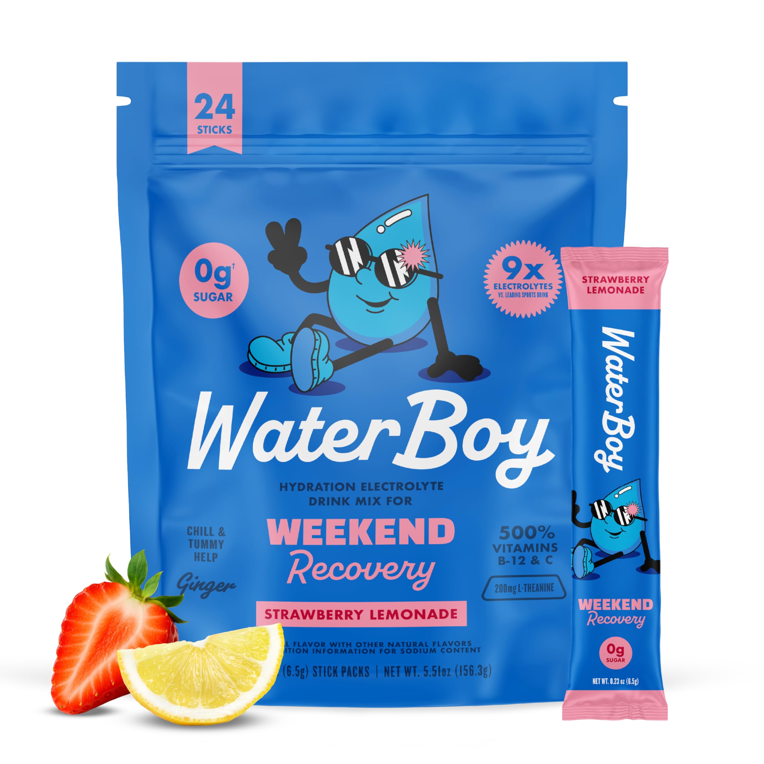 Weekend Recovery | 3,200mg Electrolyte Powder Packets | Ginger + L-Theanine + Vitamins | No Sugar, All Natural, Gluten Free | 24 Drink Stick Mixes (Strawberry Lemonade)