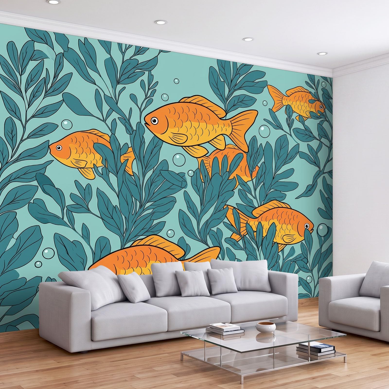 Générique 200 x 140 cm Panoramiczna tapeta akwarela Ryby Rośliny Wodne 3D Projekt ścienny, dekoracja ścienna do zdjęć, tapety z włókniny dekoracja ścienna salon sypialnia, niebiesko-zielony