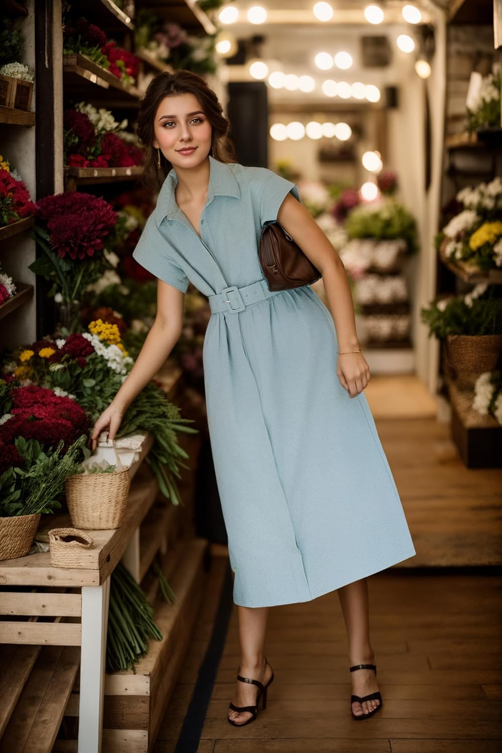 Womens Turn Down Collar Shirt Dress Short Wing Sleeve Button Down Dress Trench Coat Formal Elegant Dress with Belt - Image 6