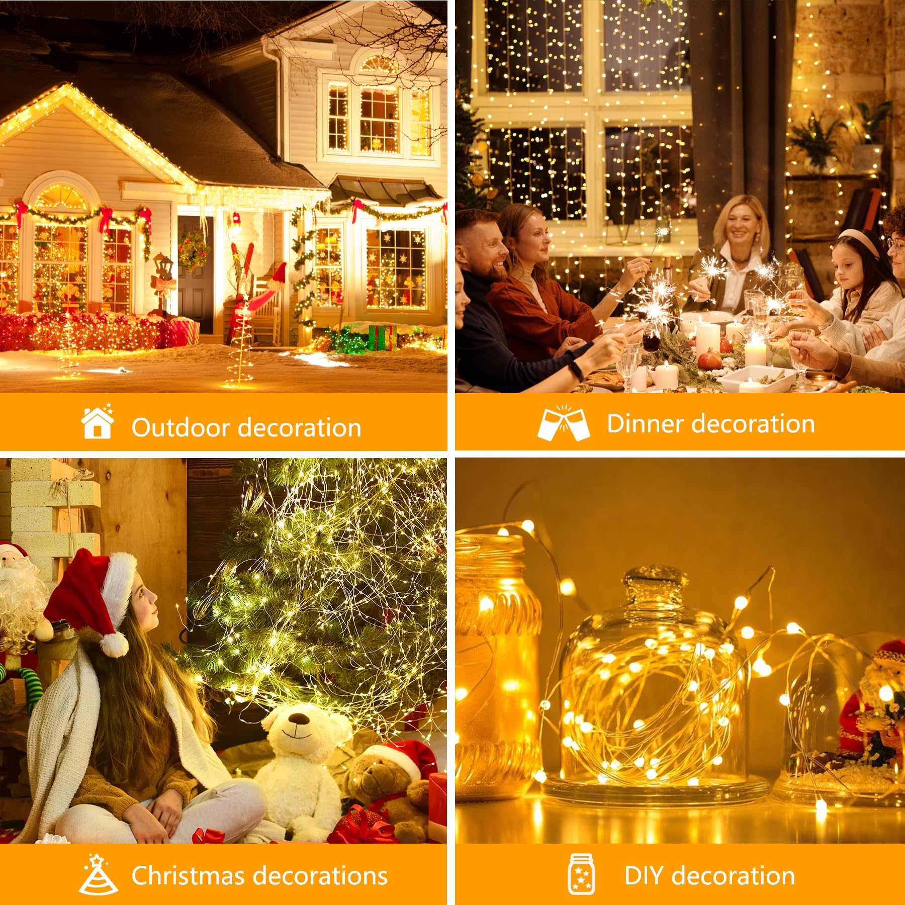 Guirnalda Luces 20M 200 LEDs, Cadena de Luces 8 Modes y Luz ajustable con Enchufe, Luce Navidad Impermeable IP65 para Navidad, Habitacion, Fiesta, Jardín, Bodas, Compleaños, Balcón - Blanco Cálido