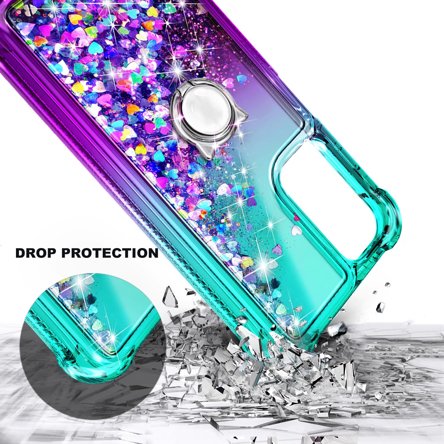 Schutzhülle für Motorola Moto G 5G 2024, glitzernd, schwimmend, flüssiger Wasserfall, niedliche Hülle mit Displayschutzfolie aus gehärtetem Glas, Ringhalter, Diamant-Handschlaufe, Aqua/Violett