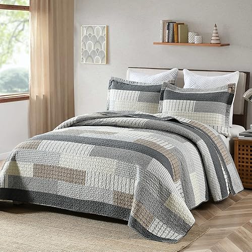 Miniatura 2 de Y-PLWOMEN Juego de ropa de cama Queen 100% algodón, ligero, tamaño Queen, acogedor edredón de rayas de granja, juego de colcha acolchada resistente