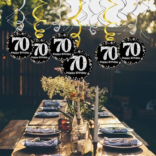 Miniatura 7 de Trgowaul Kit de decoración para fiesta de cumpleaños número 70 pancarta dorada con purpurina de "Cheers to 70 Years", pompones, 6 espirales