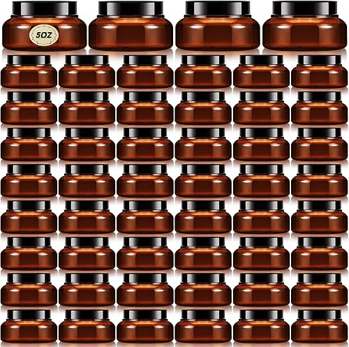 Tessco 48 Pcs Plastic Jars with Lids Labels Plastic Body Scrub Jars Containers Round Refillable Cosmetic Containers Empty Butter Jars Sugar Containers for Lotions, Cosmetics, Cream (Brown,5 oz)