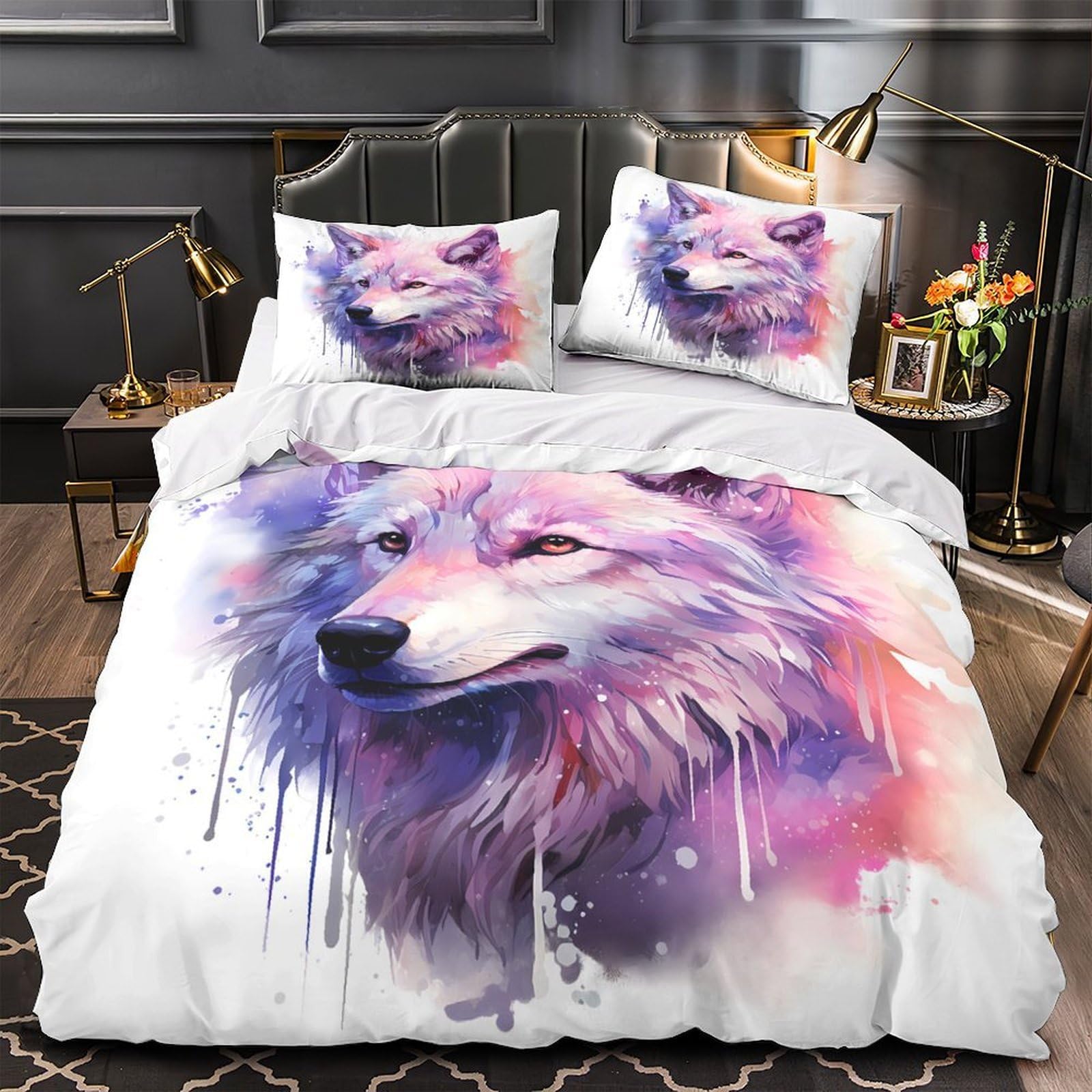 Housse de couette loup 3D single 135x200 parure lit microfibre