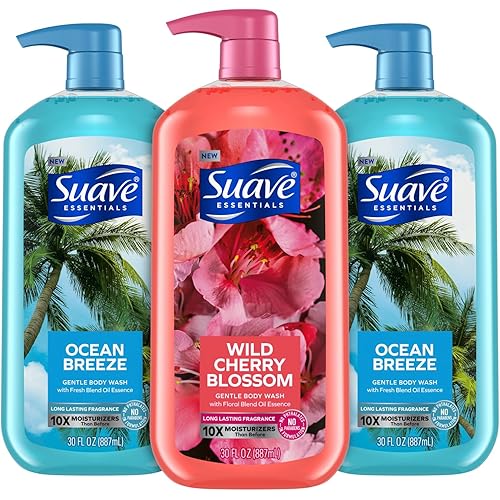 Suave Body Wash Variety Bundle – Ocean Breeze 2-Pack & Wild Cherry Blossom, Gentle & Moisturizing Body Washes with Vitamin E, 30 Oz Ea (3 Piece Set)
