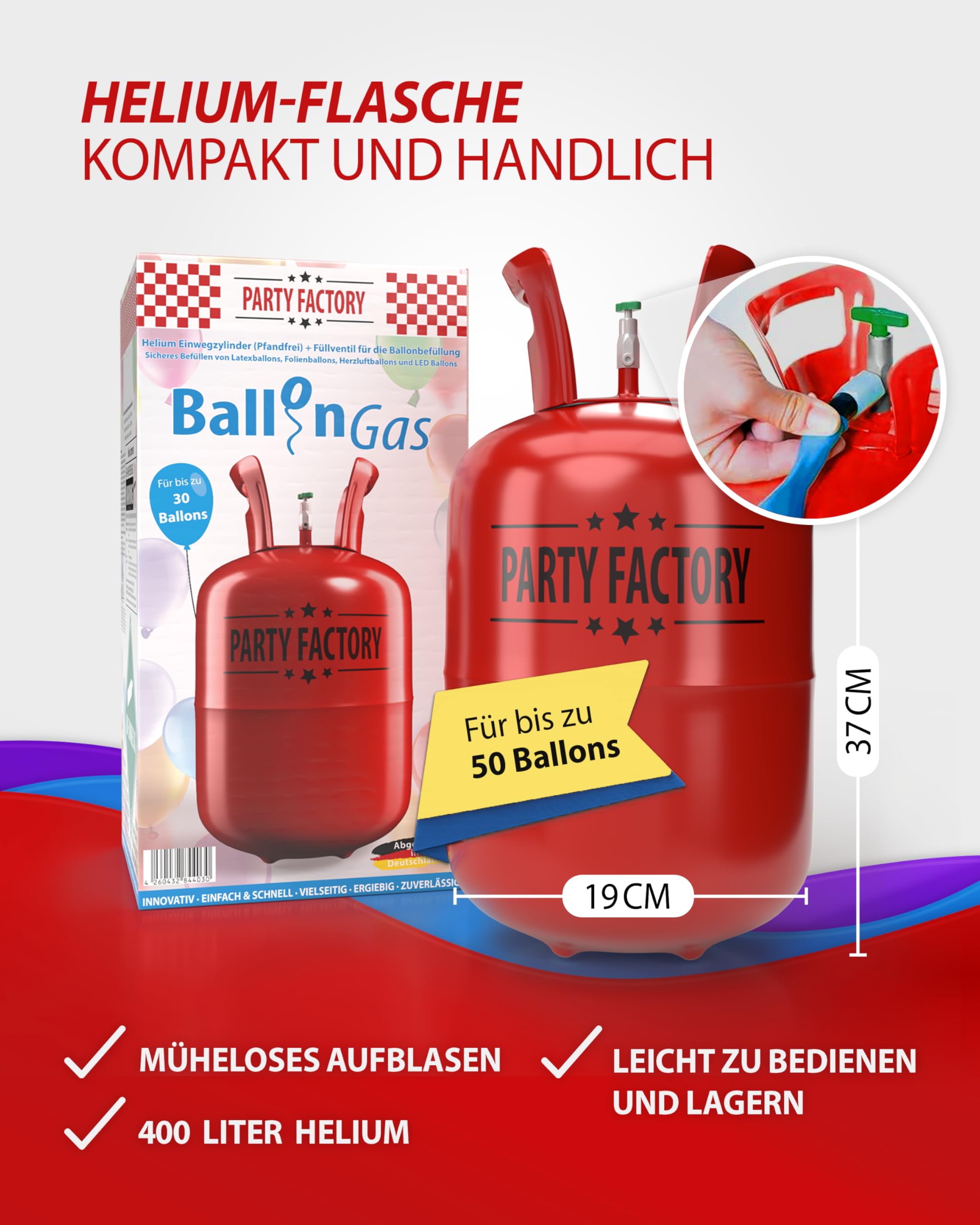 Party Factory – Helium Gasflasche 400L Komplett Set mit XXL Zahlenballon "20" Silber – Partydeko Ballongas Flasche mit Folienballon, 30 Latexballons & 40m Ballonschnur – Für Geburtstage & Feiern