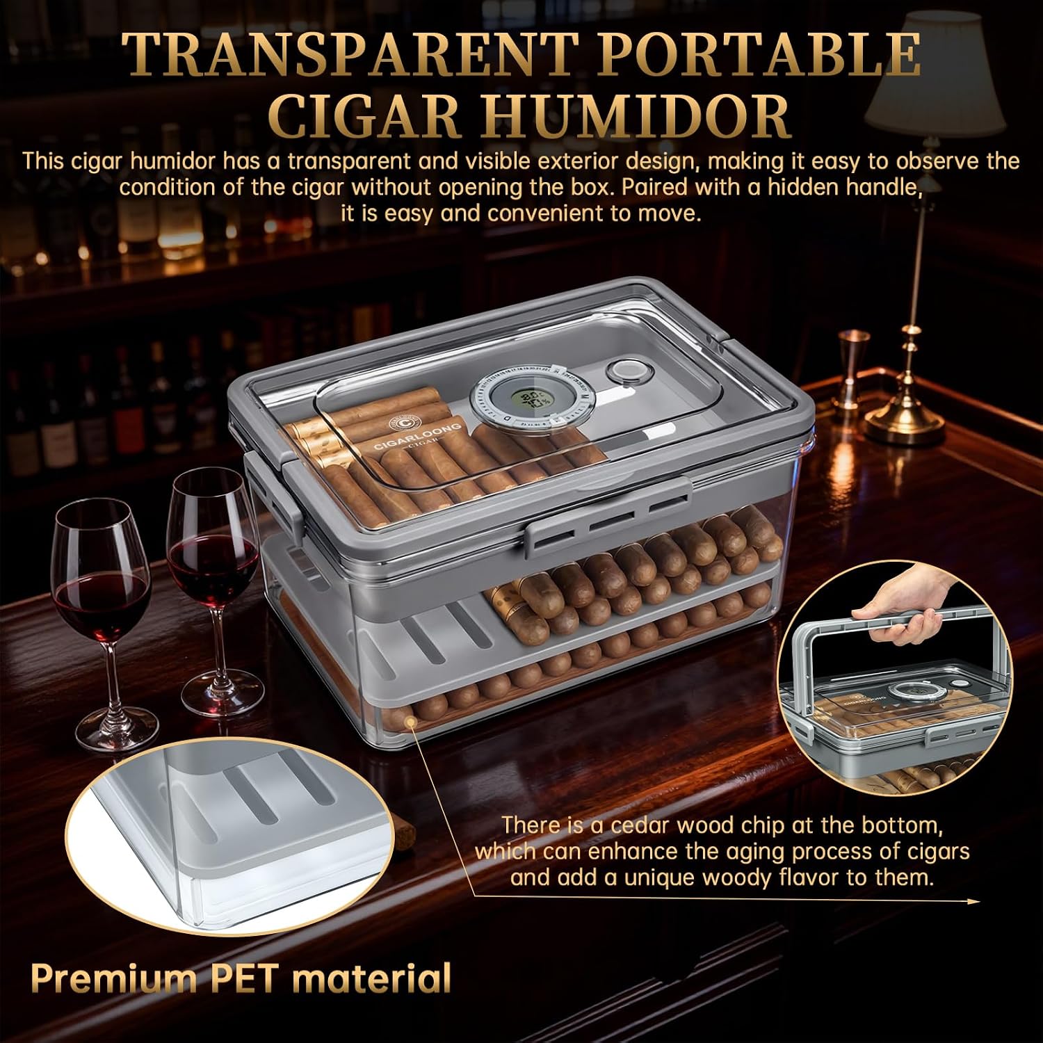 CIGARLOONG Cigar Humidor, Full Transparent Cigar Box with Humidifier and Hygrometer, 3 Cigar Cutters, Cedar Wood Lining & 3-Layer Large Capacity for 120 Counts