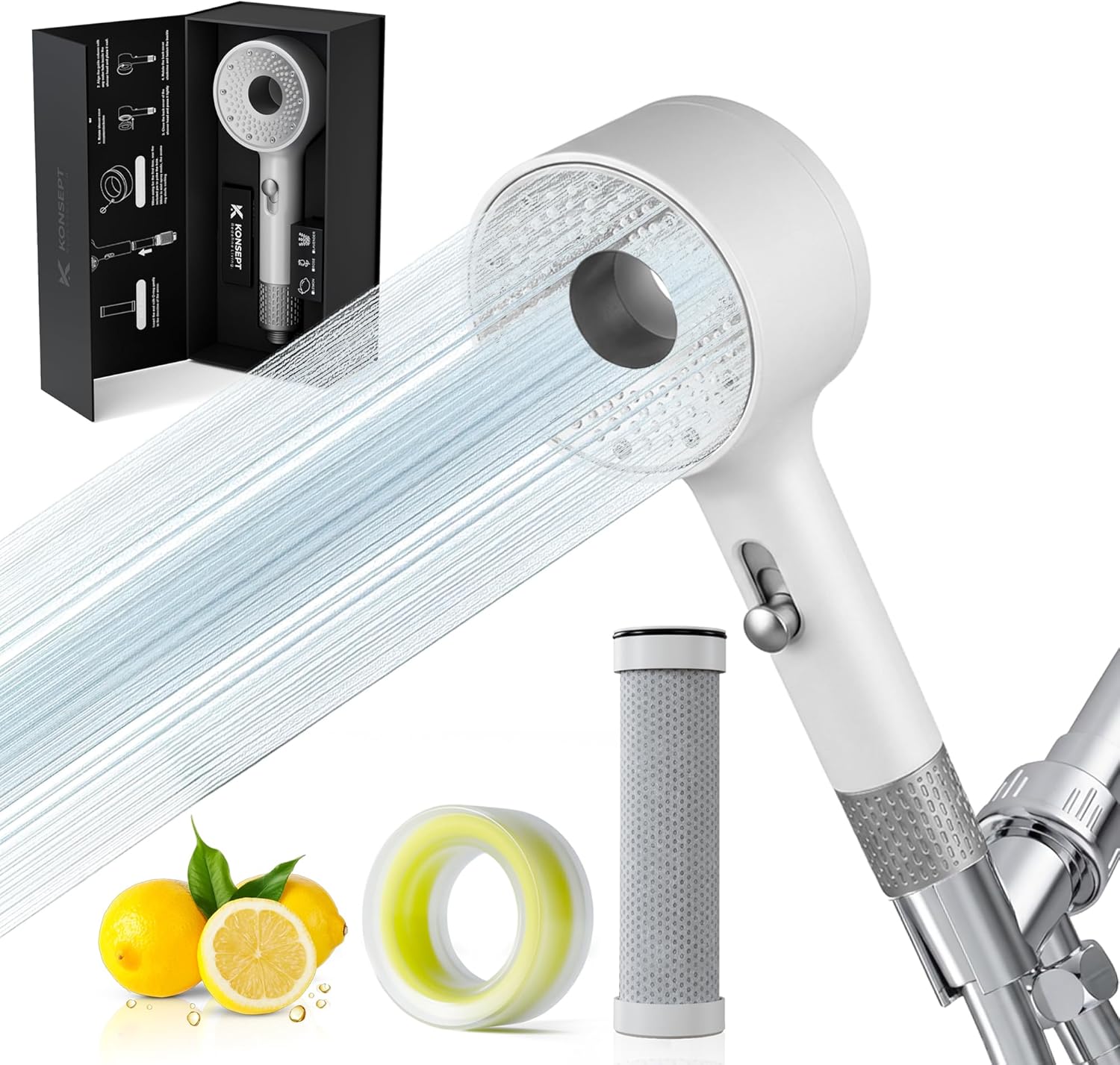 KONSEPT Shower Head with Filters & Vitamin C Lemon Pods | Handheld Shower Head with 2-Spray mode | Shower Head High Pressure | Removes Chlorine, Improve Skin and Hair Texture (White)