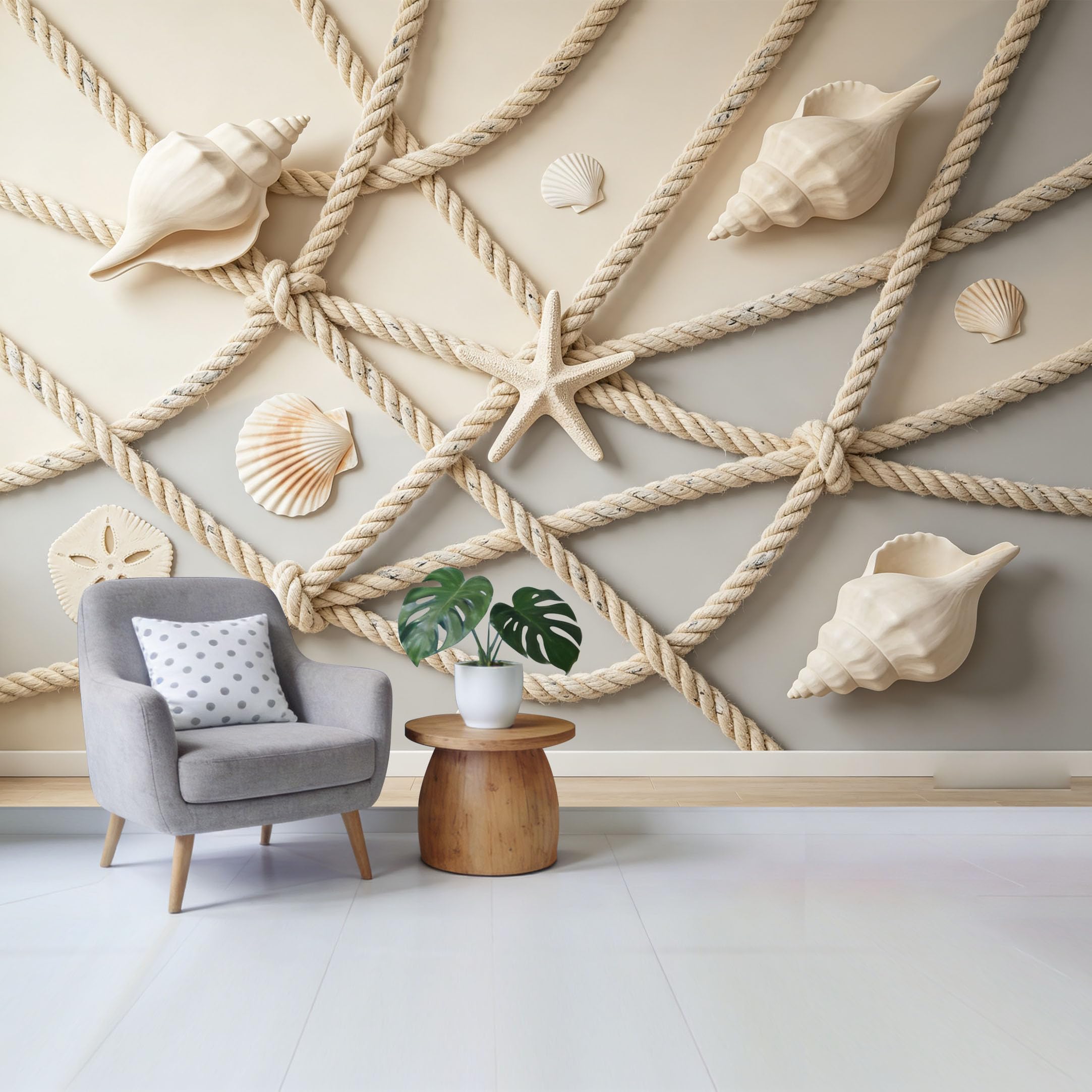 Qzlithotic Yq2605250129 Custom Size Wall Mural Coastal Nautical Rope And Seashells Pattern 3D Trompe L'oeil Texture Selfadhesive Wall Fabric Removable Wallpaper For Home Office Decor