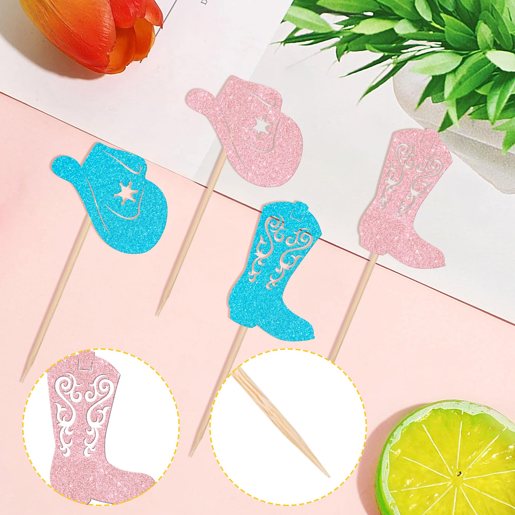 Xsstarmi 24 Pack Cowboy Cupcake Toppers Glitter Blue or Pink Cupcake Picks Boy or Gril Cake Decorations for Cowboy Theme Gender Reveal Baby Shower Kids Birthdaty Party Supplies - Image 3
