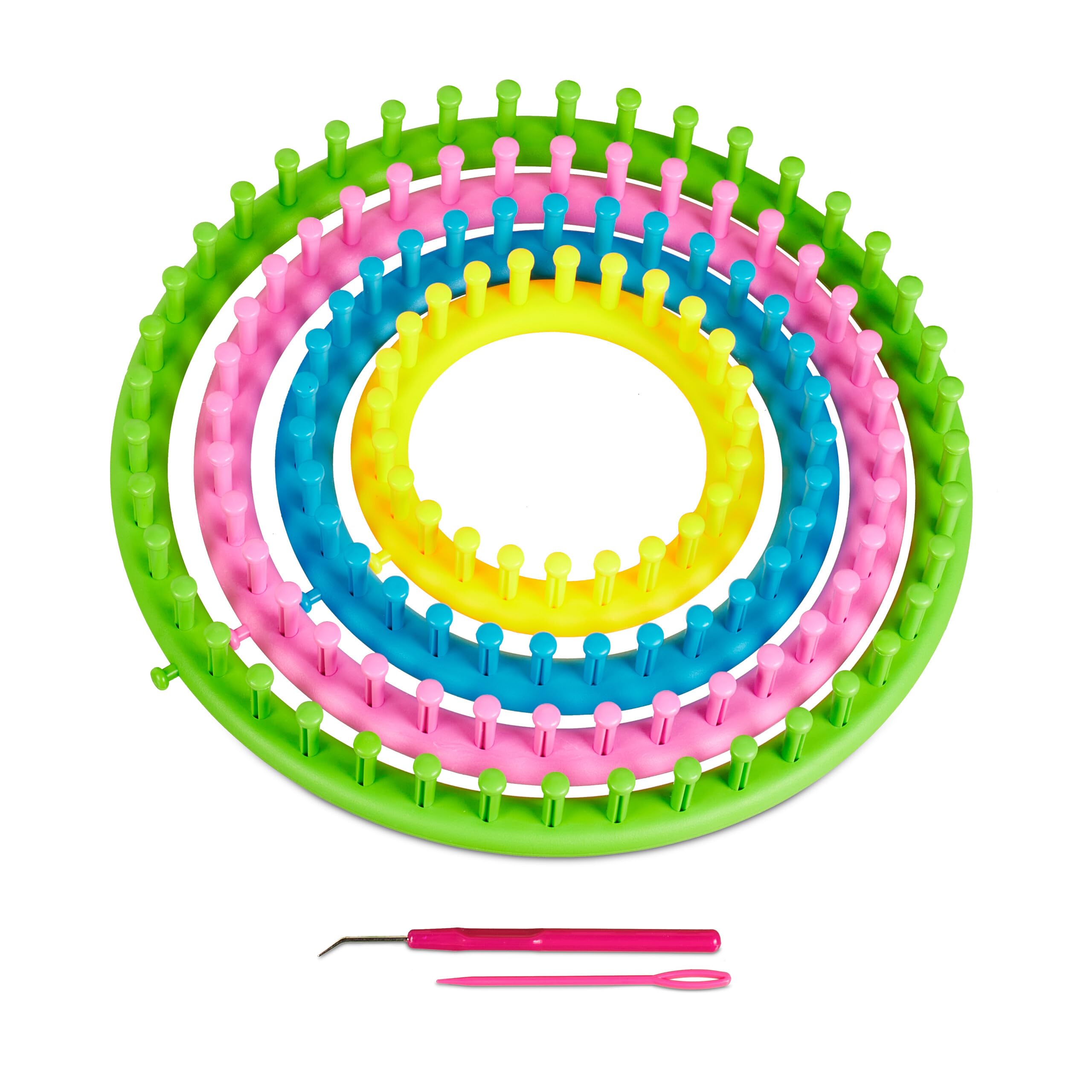 Relaxdays Set di Telai Circolari per Lavorare A Maglia, 4 Anelli Maglieria Cappello Sciarpa Ø 28, 24, 19, 14cm, Colorato