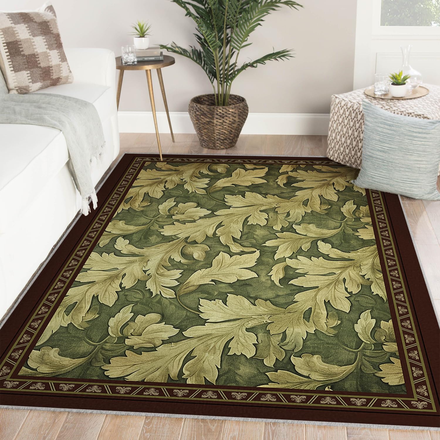 100x150 Tappeto lavabile verde foglie soggiorno antiscivolo vintage boem botanico foresta pelo basso quercia camera letto sala pranzo ufficio casa dormitorio nursery