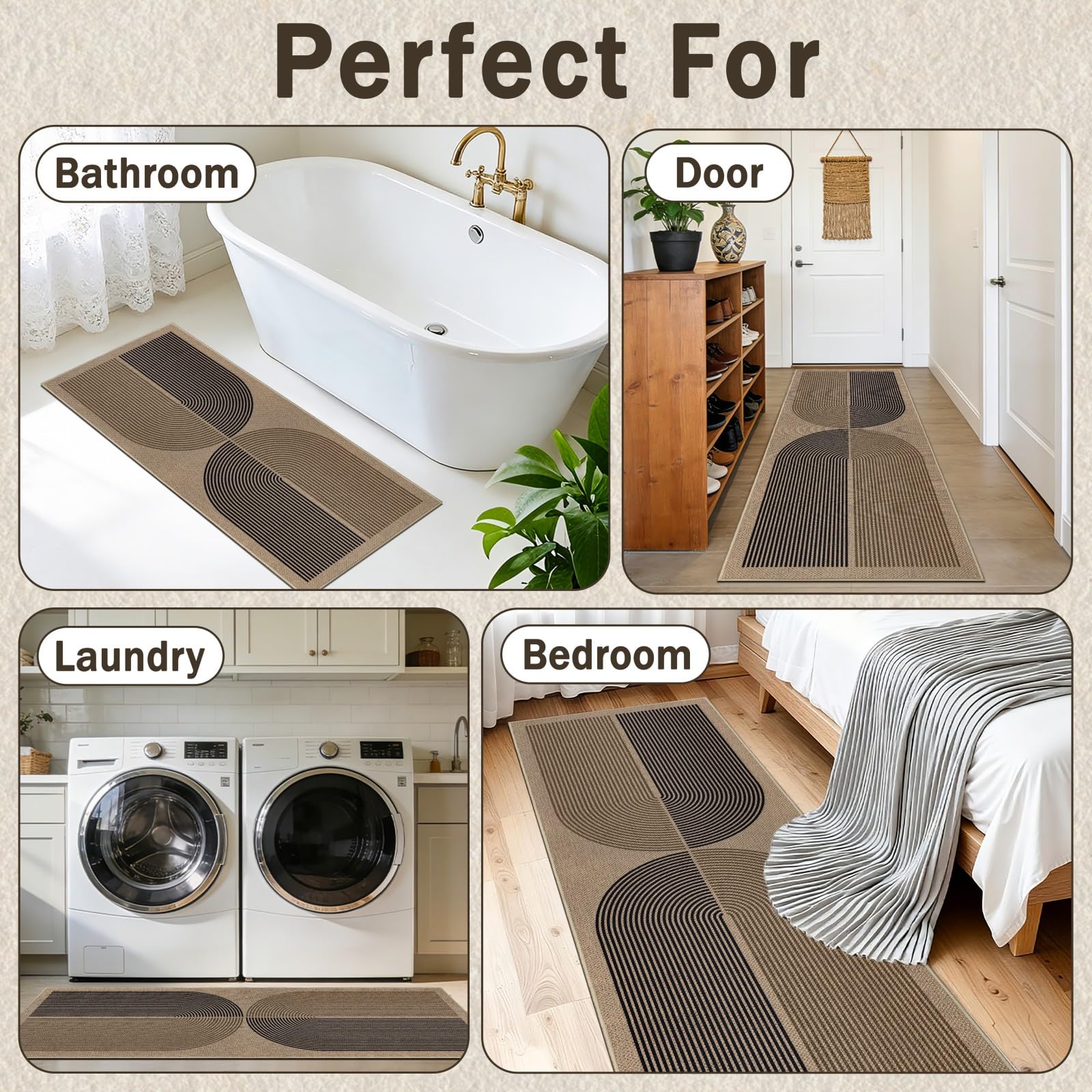 Capslpad Lot de 3 tapis de cuisine antidérapants aspect jute lavables style bohème pour buanderie et couloir, noir et marron (50 x 80 cm + 50 x 120 cm + 50 x 150 cm)