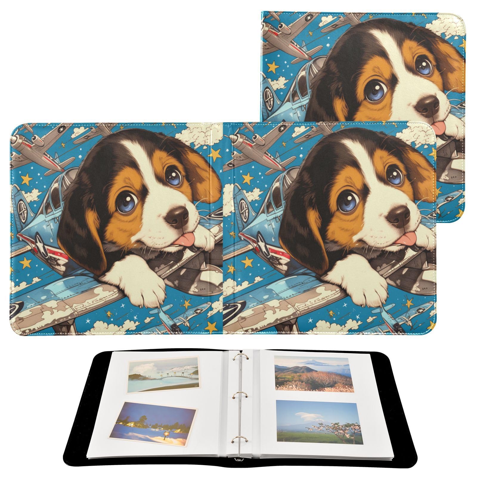 Kigai Cute Dogs Planes Photo Album Self Adhesive Scrapbook Album Leather Cover DIY Picture Scrap Book with 20 Adhesive Sheets, 11.8x24x0.8 inch