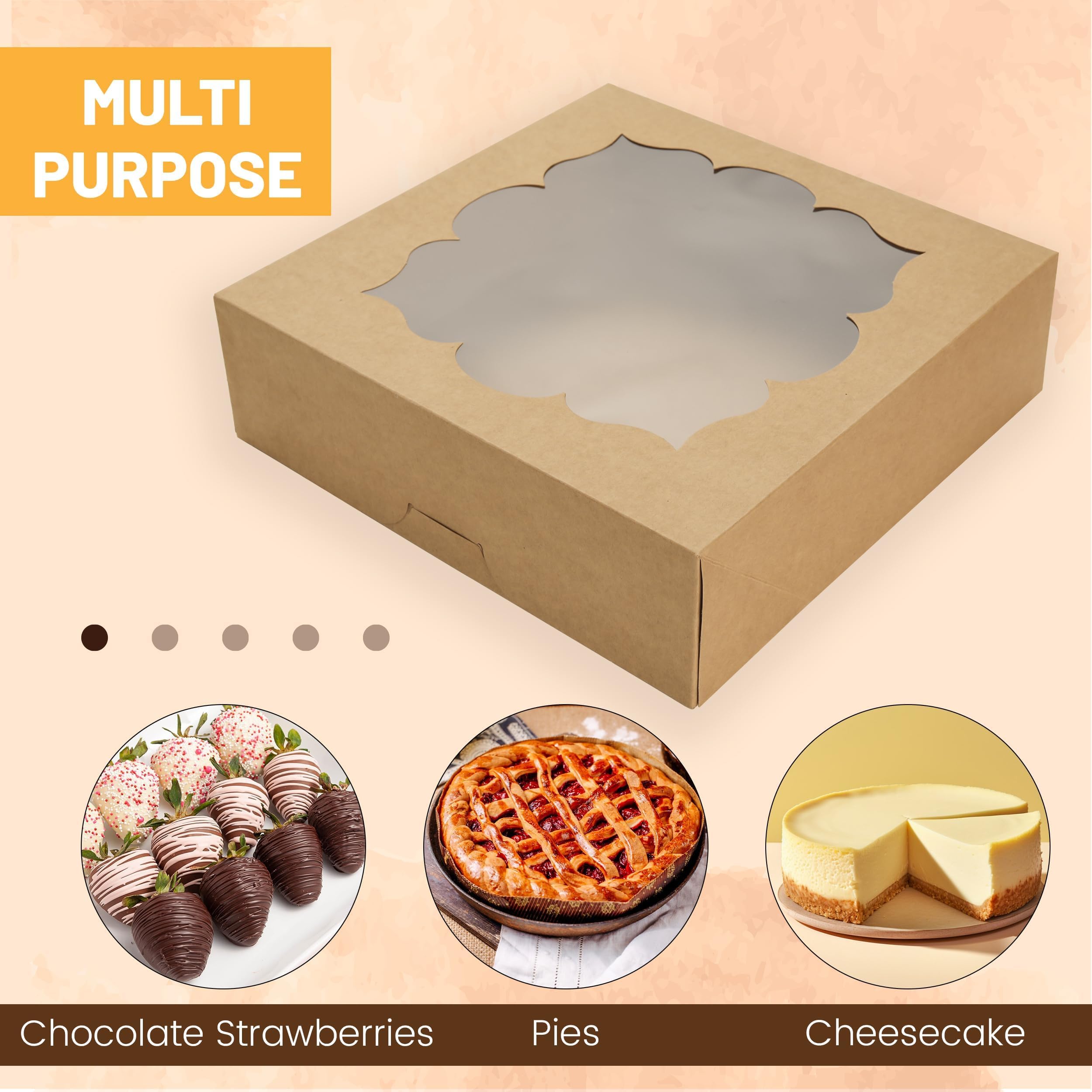 NPLUX Paquete de 20 cajas para pasteles de 10 x 10 x 3 pulgadas con cajas para pasteles de ventana, para tartas, tartas de queso y fresas de chocolate (marrón)