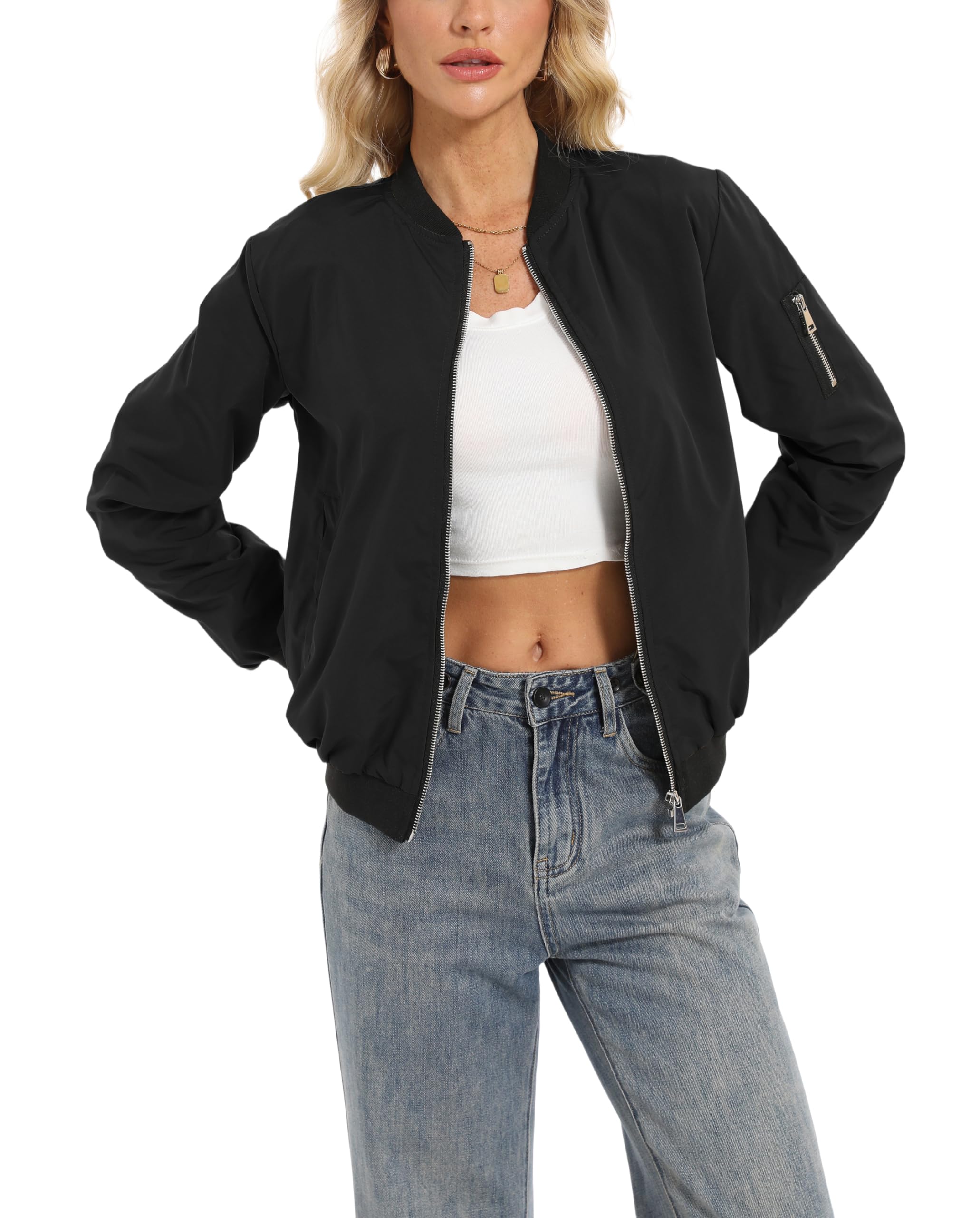 Oyamiki Blouson bomber à manches longues pour femme - Blouson court décontracté - Veste d'automne légère - Veste d'aviateur avec poches
