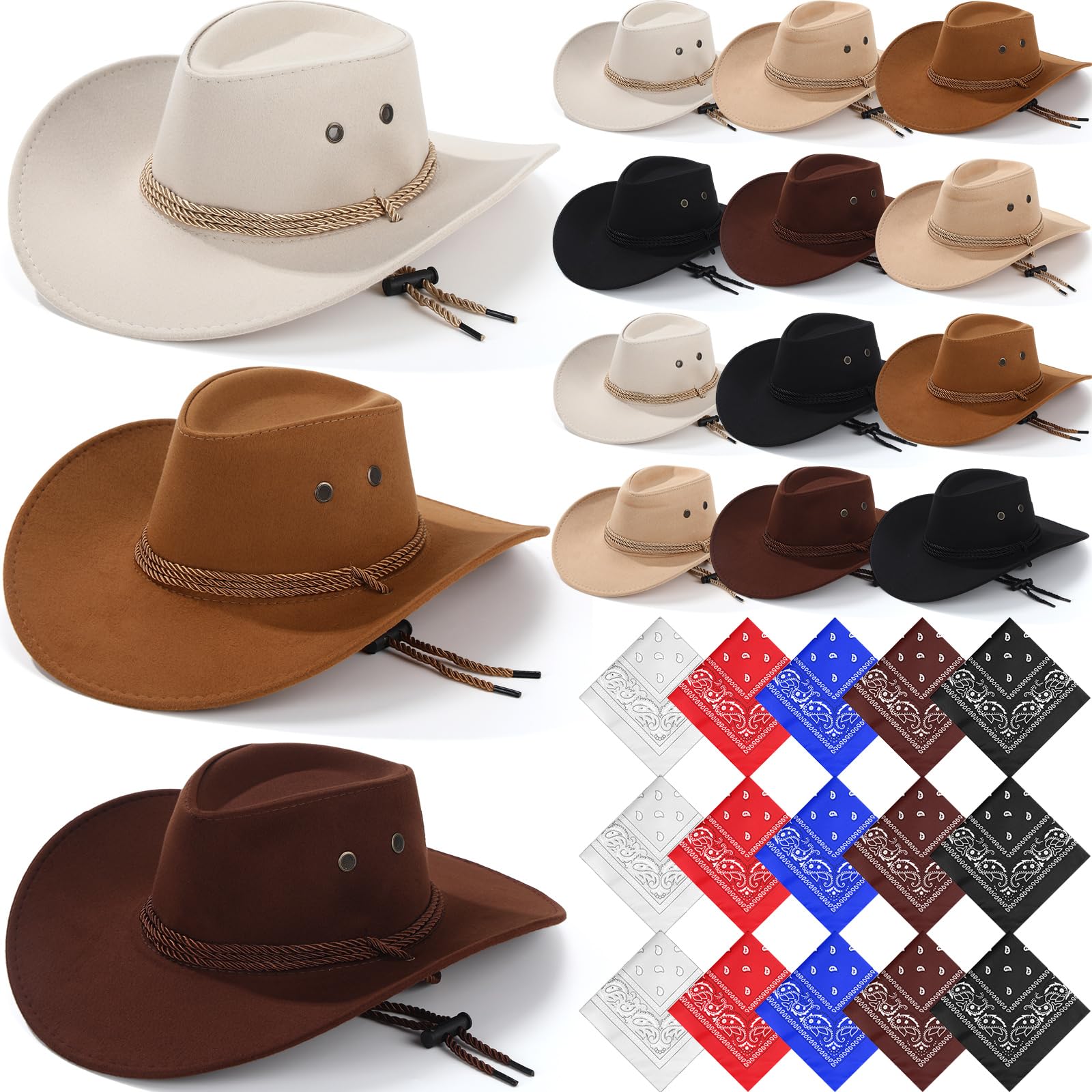 Coume 15 Set Cowboy Hats Bulk for Adults with Bandannas