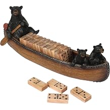 Rivers Edge Products Canoe Dominos Set, Dominos Set for Adults, Game with Hand Painted Poly Resin Canoe, Wooden Tiles, Black Bear with Two Cubs, 10 Inch, 2-10 Players