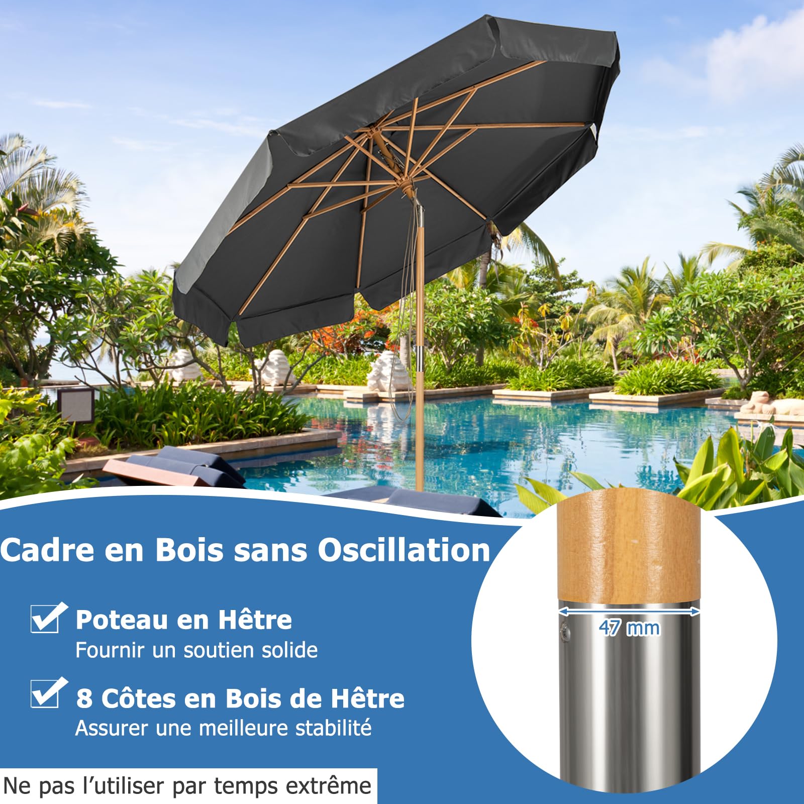 GIANTEX Parasol de Jardin Extérieur 3M Inclinable, Auvent Réglable en 3 Positions, Protection UV avec Lambrequin, Mât de 47 mm pour Terrasse, Balcon, Plage (Gris Foncé)