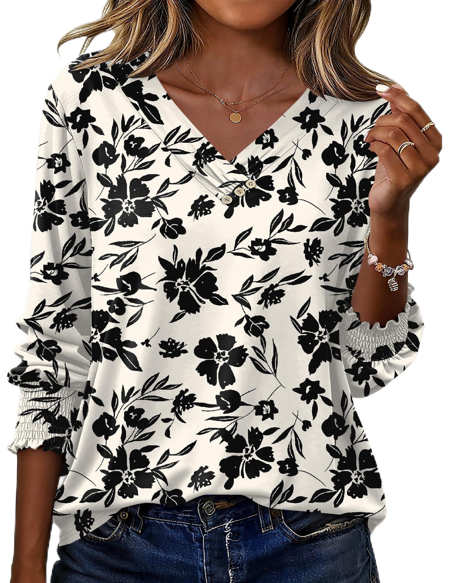 Rapbin Bluse Damen 3/4 Arm Shirt Elegant V-Ausschnitt Tunika Sommer Tops Lässig Oberteil Mit Knopfleiste 2026