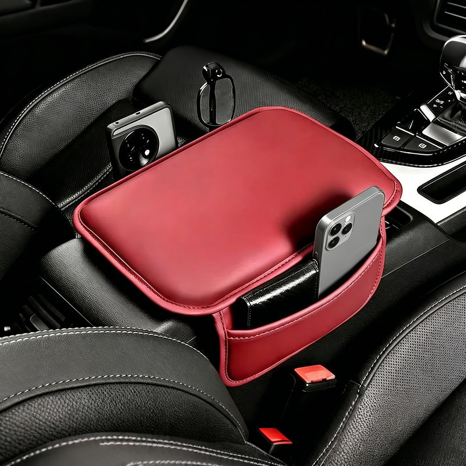 QIZUN Car Armrest Box Cover for Abarth 500 595 695 SS Grande 2000-2011 Centre Console Pad Nappa Leather Protector Mat with 2 Side Storage Pockets Sleeve,Red