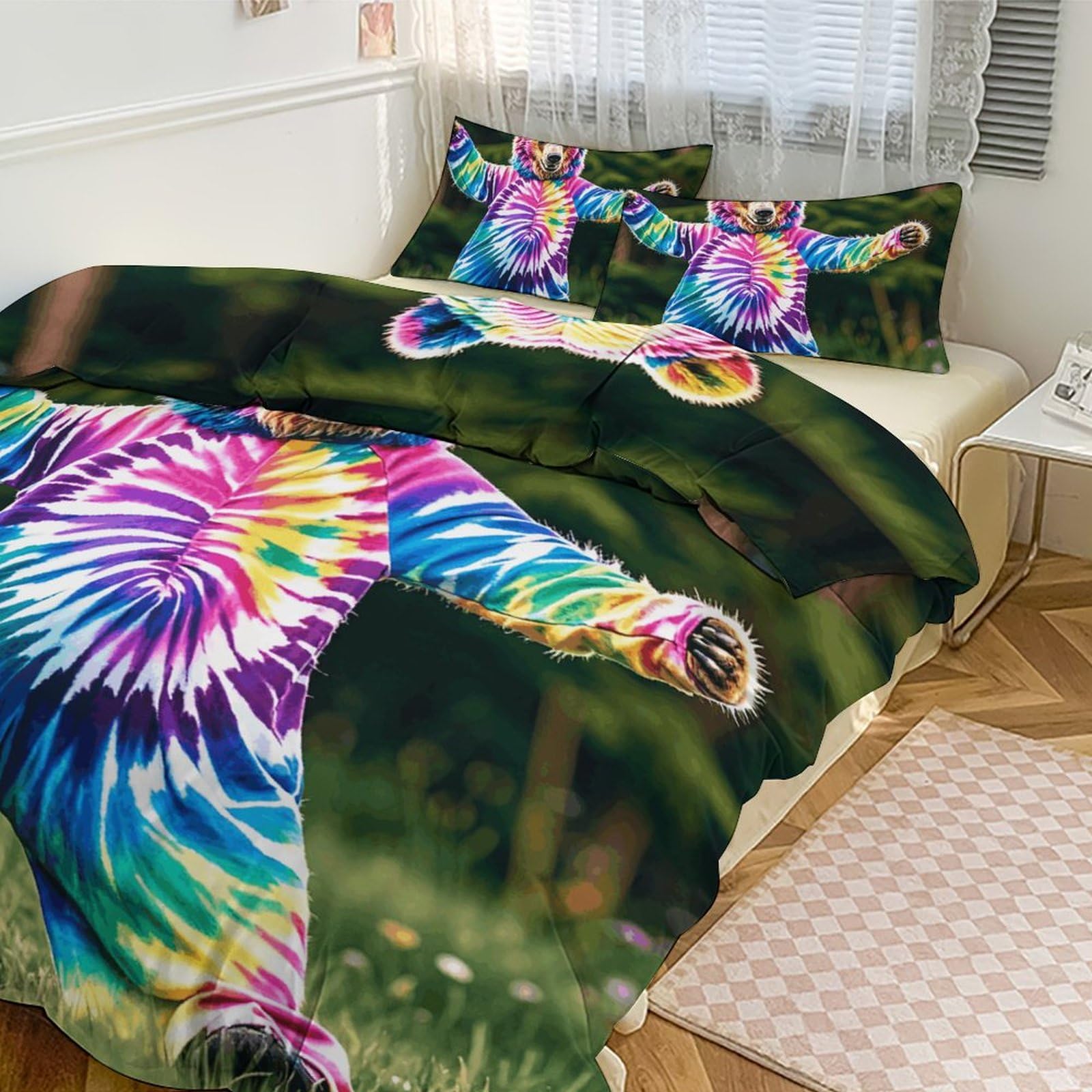 Parure de lit 3 pièces épaisse avec couette pour grand lit ours mignon et couvre-lit tie dye