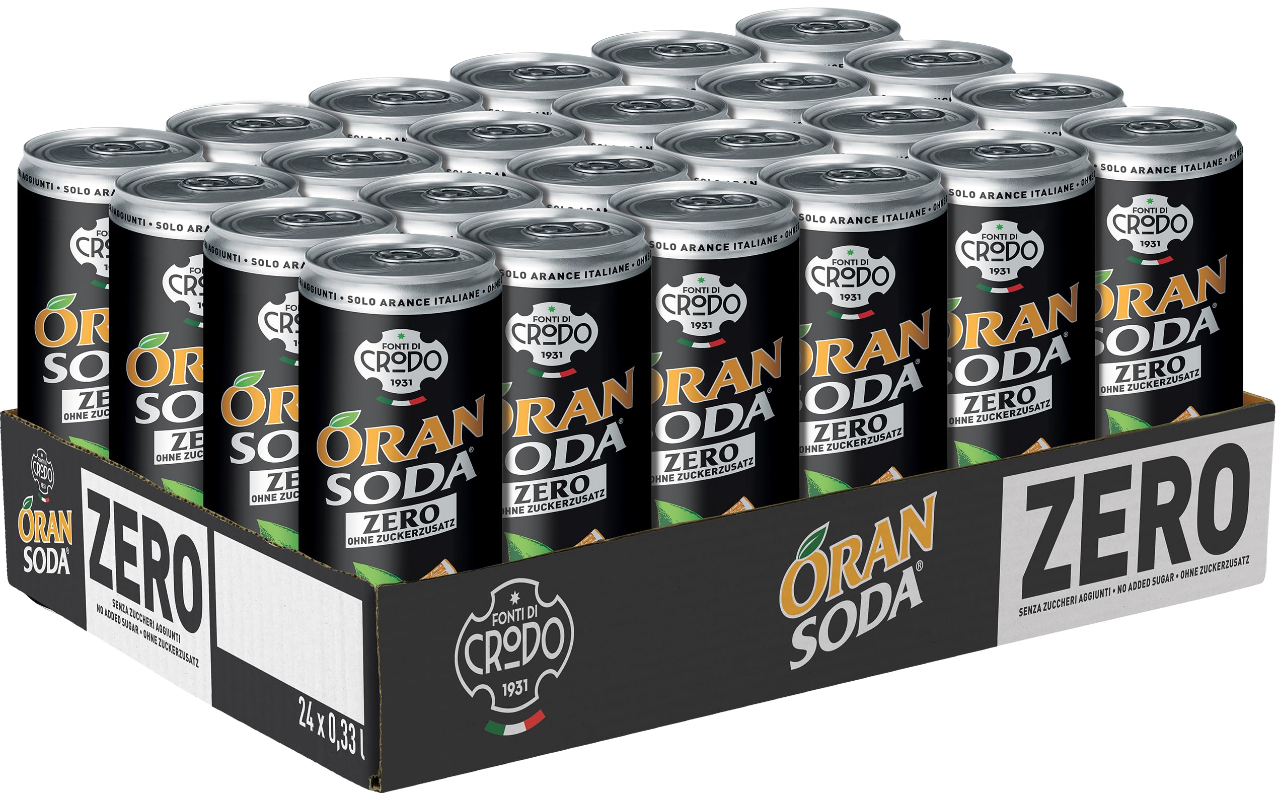 ORAN SODA ZERO (24x330ml) - Italienische Limonade von FONTI DI CRODO mit natürlichem Quellwasser & Orangensaft. Ohne künstliche Zusätze, ideal für Alltag, Aperitif & Cocktails, in Einwegdose.