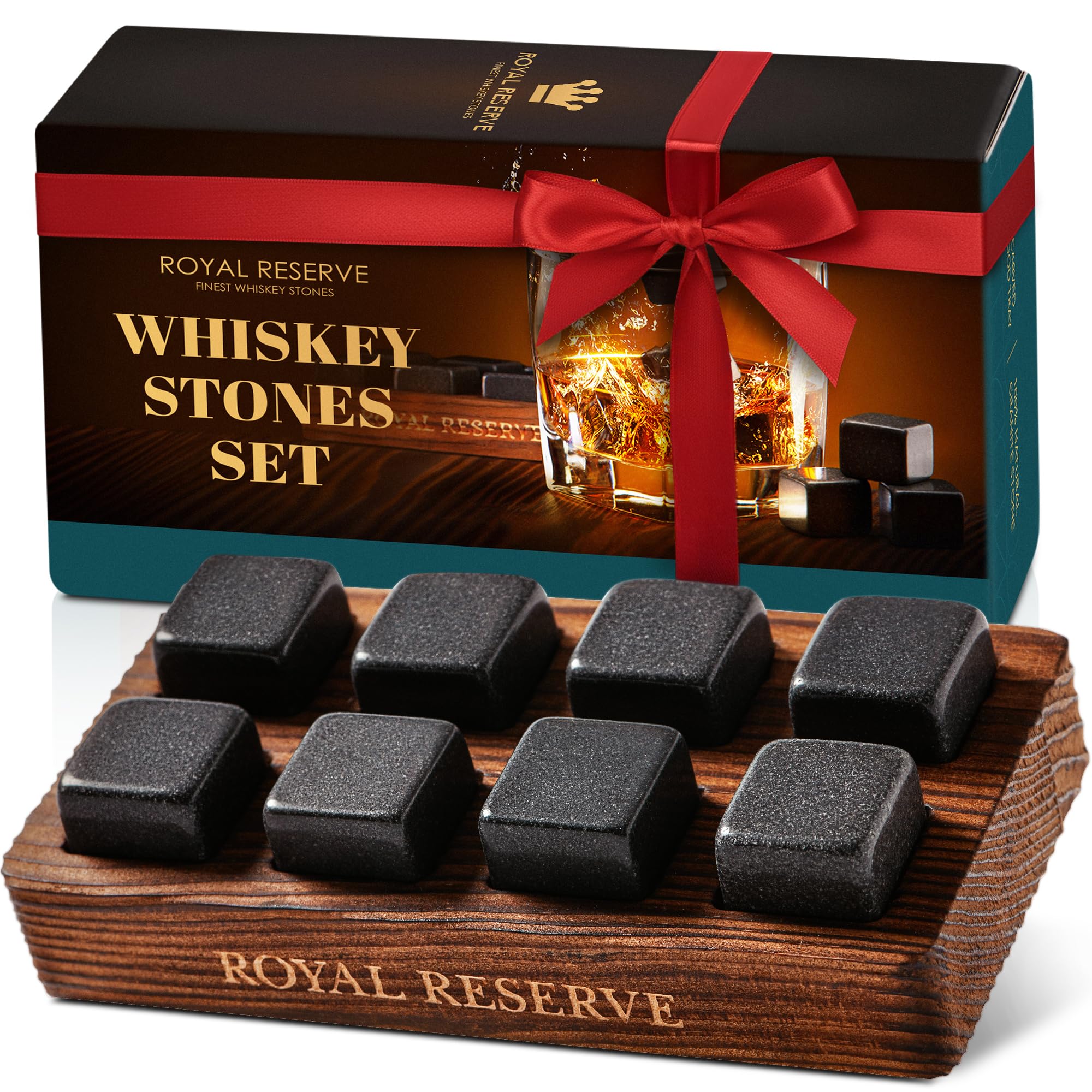 Whisky Stones Gift Set in Brown Wood Tray - Reusable Chilling Bourbon Ice Cubes - Retirement Gift for Men, Husband, Friend, Dad by Royal Reserve