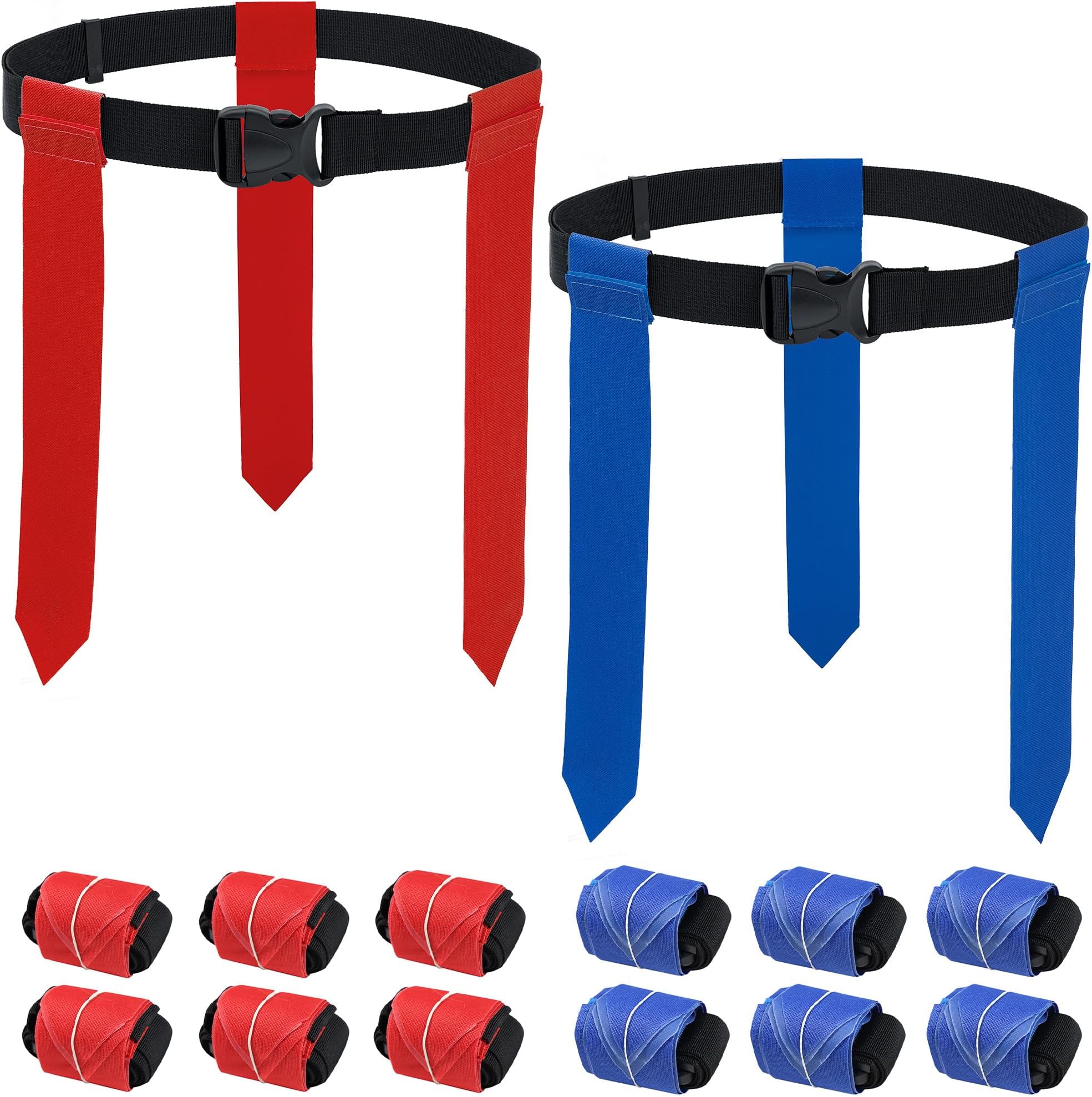 WYZworks 12 Player Adjustable Flag Football Youth/Adult Set, 3 Flags per Belt, Side Release Buckle, 36 Flags, 6 v 6 Set, Red & Blue