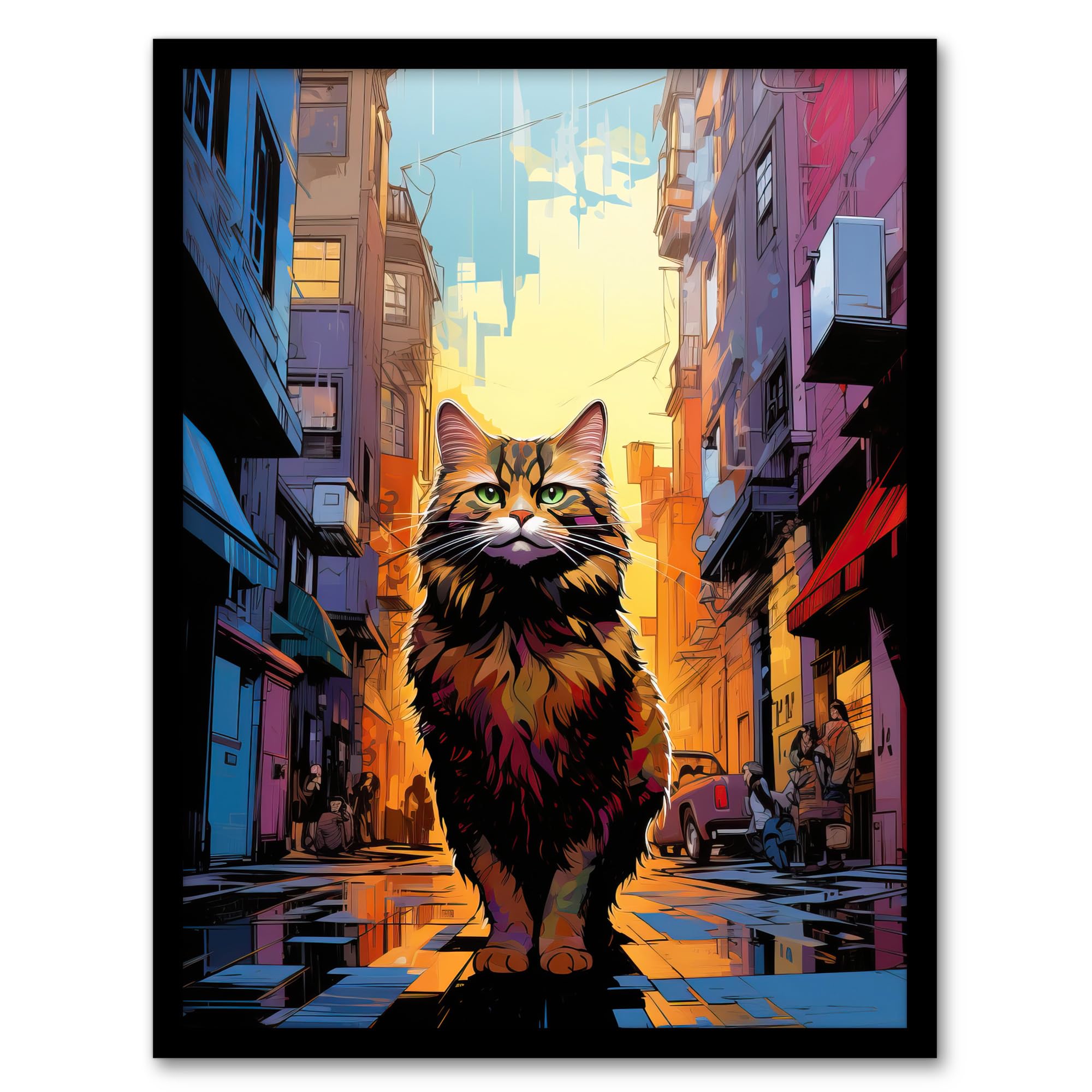 Artery8 Street Cat Lover Gift Pet Portrait City Sunset Artwork Painting Wall Art PrintA4 Size from B&Q