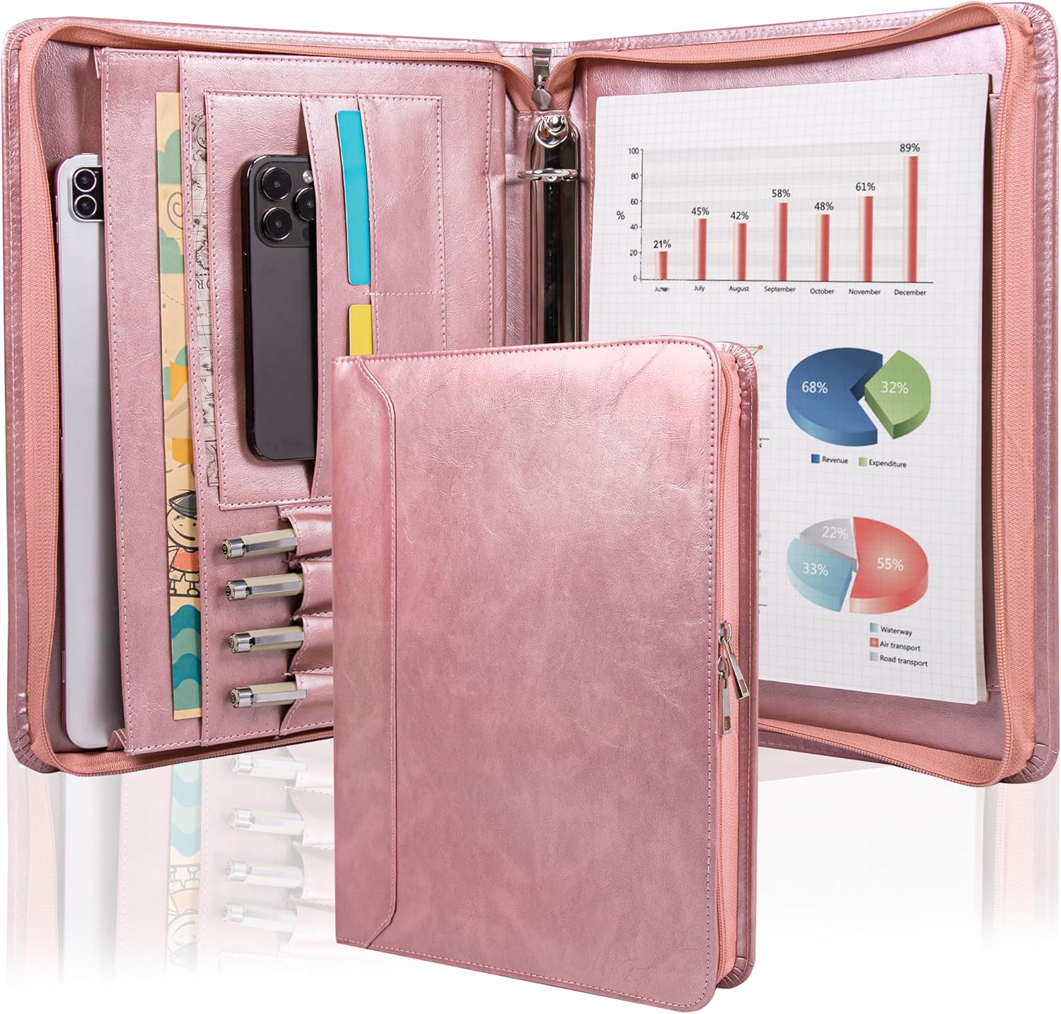 AZXCG Leather Padfolio for Women,Zippered Padfolio with 3 Ring Binder,Business Portfolio Organizer for Women with A4 Writing Pad Holder, Portfolio Binder for Meeting,Gift for Valentine's Day