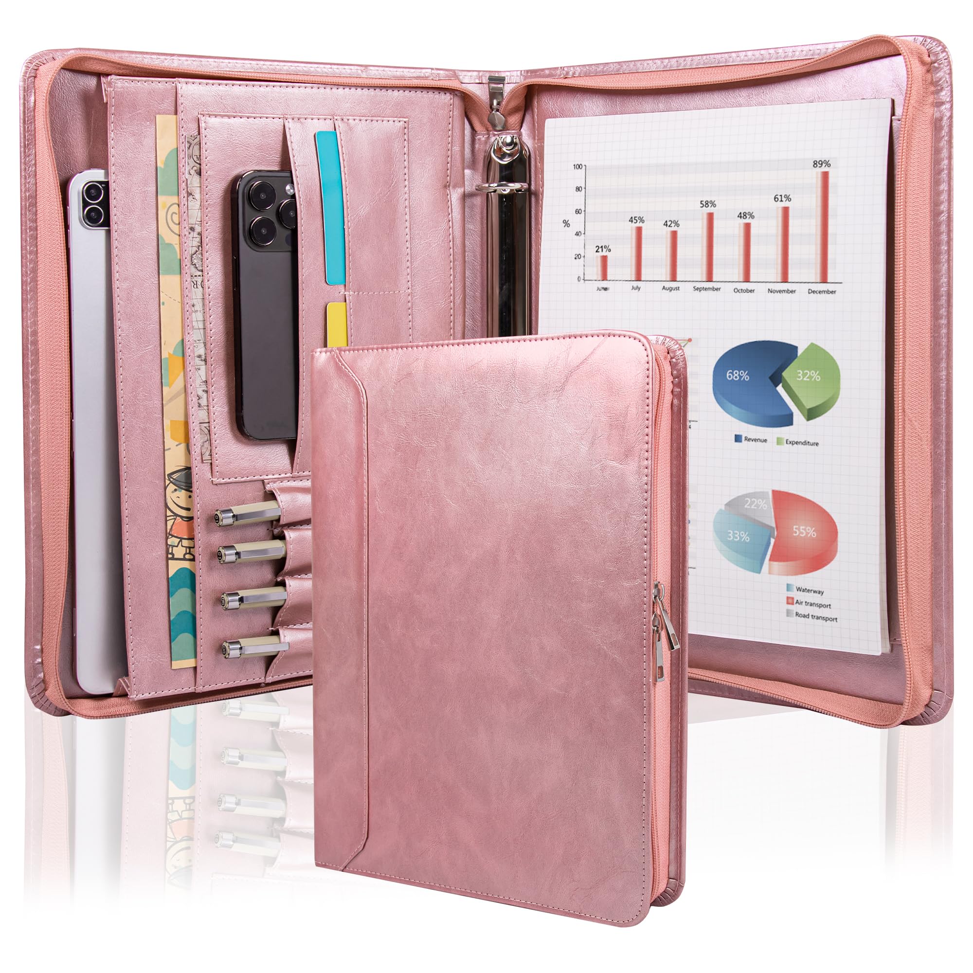 AZXCG Leather Padfolio for Women,Zippered Padfolio with 3 Ring Binder,Business Portfolio Organizer for Women with A4 Writing Pad Holder, Document Organizer for Meeting/Interview