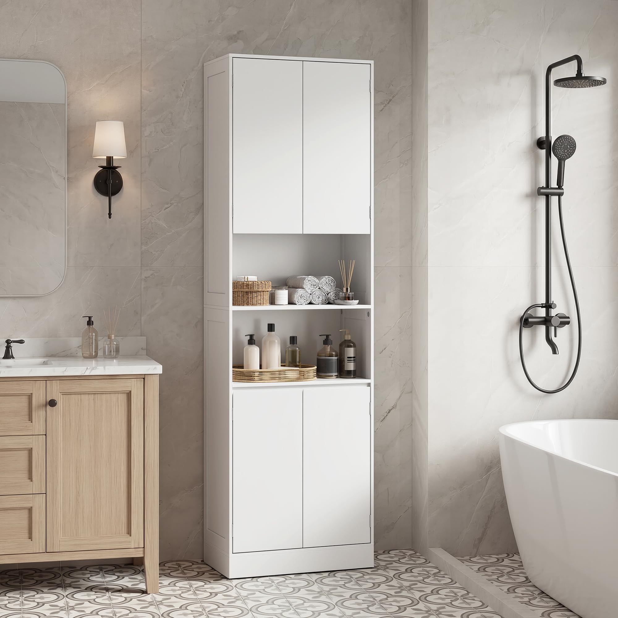 Xbro Mobile bagno 190×30×57 cm, contenitore bagno con ripiani regolabili, cassetti e vani aperti, armadio alto versatile per bagno, cucina e soggiorno, montaggio semplice, bianco