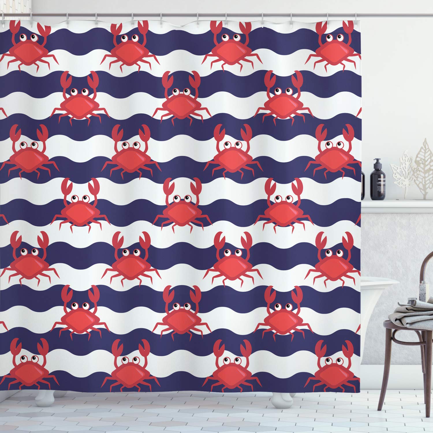 Ambesonne Crabs Shower Curtain, Nautical and Maritime Theme Sea Animals on The Striped Background Illustration Print of an Artwork, Cloth Fabric Bathroom Decor Set with Hooks, 69" W x 84" L, Red Blue