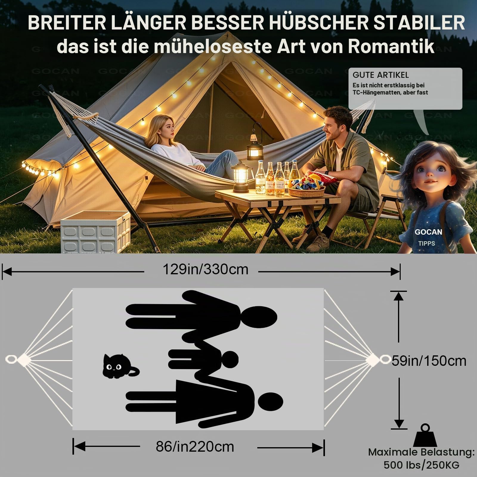 Hängematte 2 Personen 220 x 150 cm Polyester-Baumwollgewebe (Hellgrau) XXL