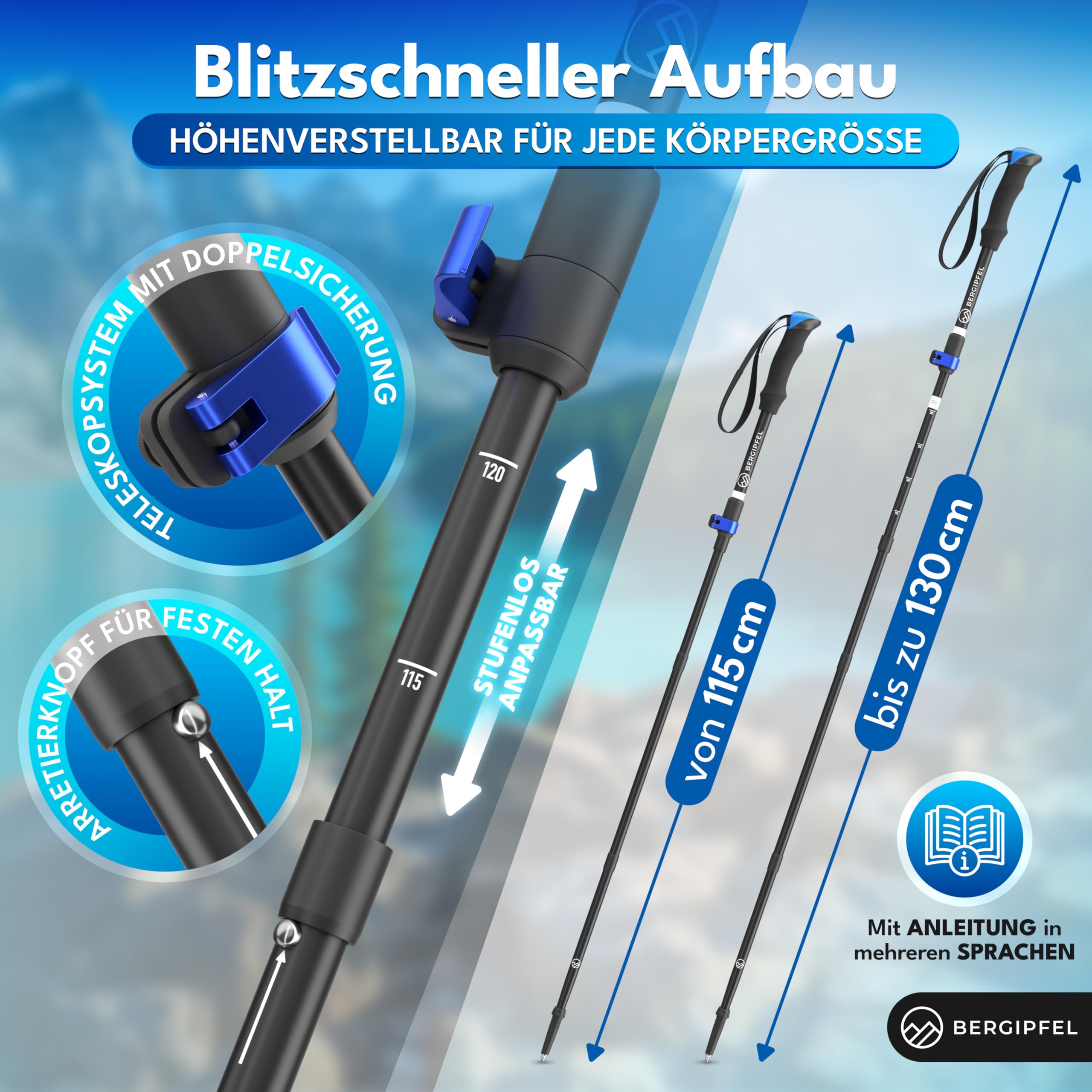 Teleskop-Wanderstöcke|Ultraleicht 270g|faltbar auf 37cm|verstellbar 115–130cm|Walkingstöcke aus Flugzeugaluminium|mit All-Terrain-Zubehör und Tasche|für Damen, Herren, Jugendliche