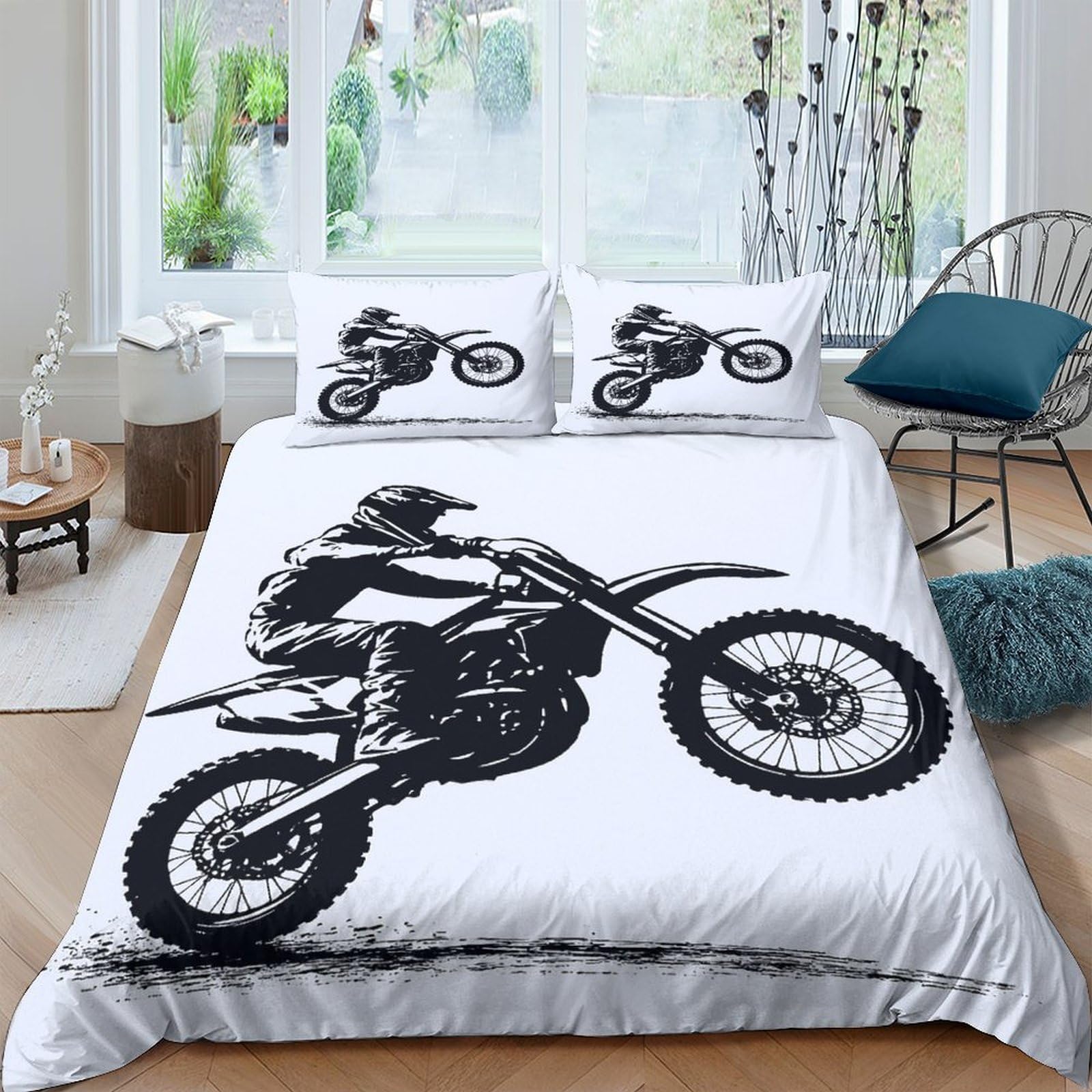 Ctjqhvkz Style-1 3D Printed Motocross Rider Fitted Sheet Microfiber Black White Motorcycle Bed Cover Anti-Slip For Bedroom Guest Room Single（135X200cm）